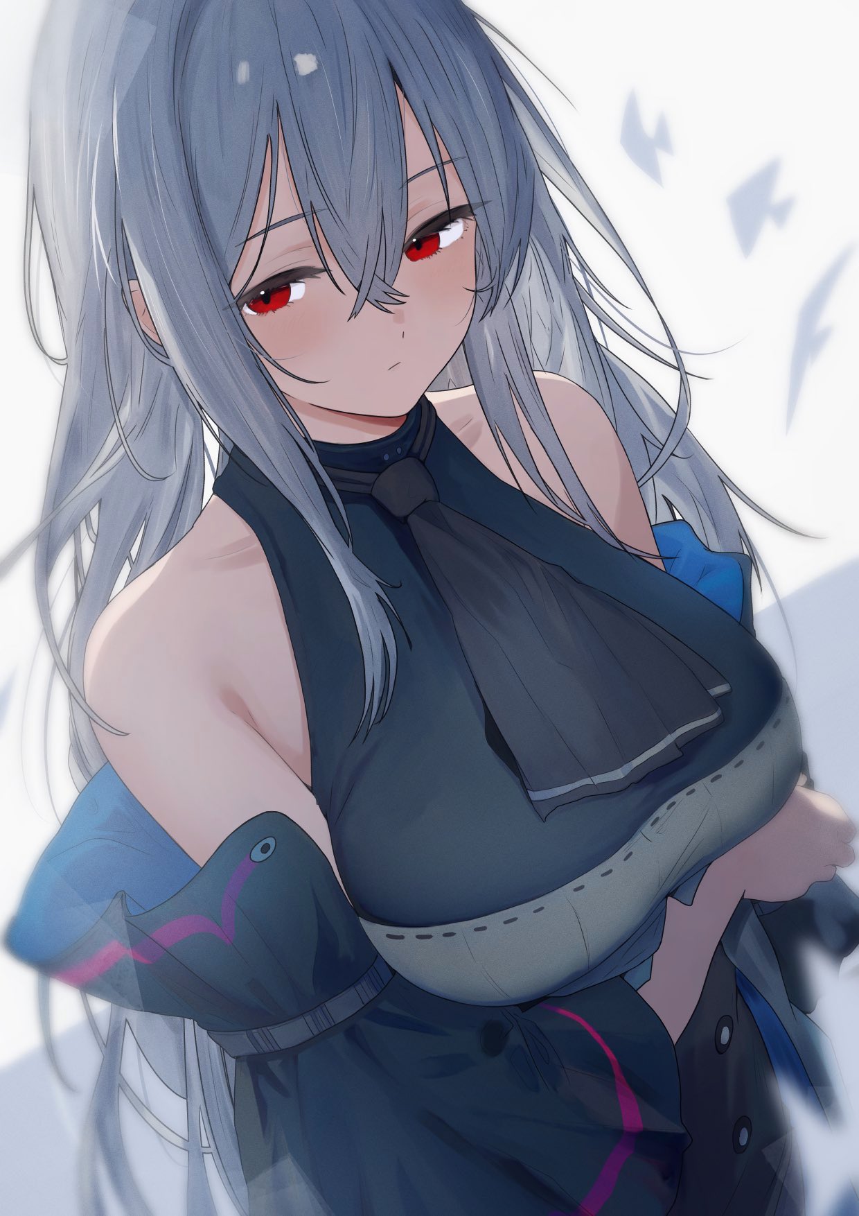 sora mame (princess 0sora), skadi (arknights), skadi (elite ii) (arknights), arknights, highres, 1girl, arm under breasts, armpit crease, ascot, bare shoulders, black ascot, black shirt, black sleeves, blush, breasts, cowboy shot, crossed bangs, detached sleeves, grey hair, hair between eyes, hair over shoulder, half-closed eyes, looking at viewer, loose ascot, medium breasts, messy hair, pleated sleeves, red eyes, shirt, simple background, sleeveless, sleeveless shirt, solo, white background, wide sleeves