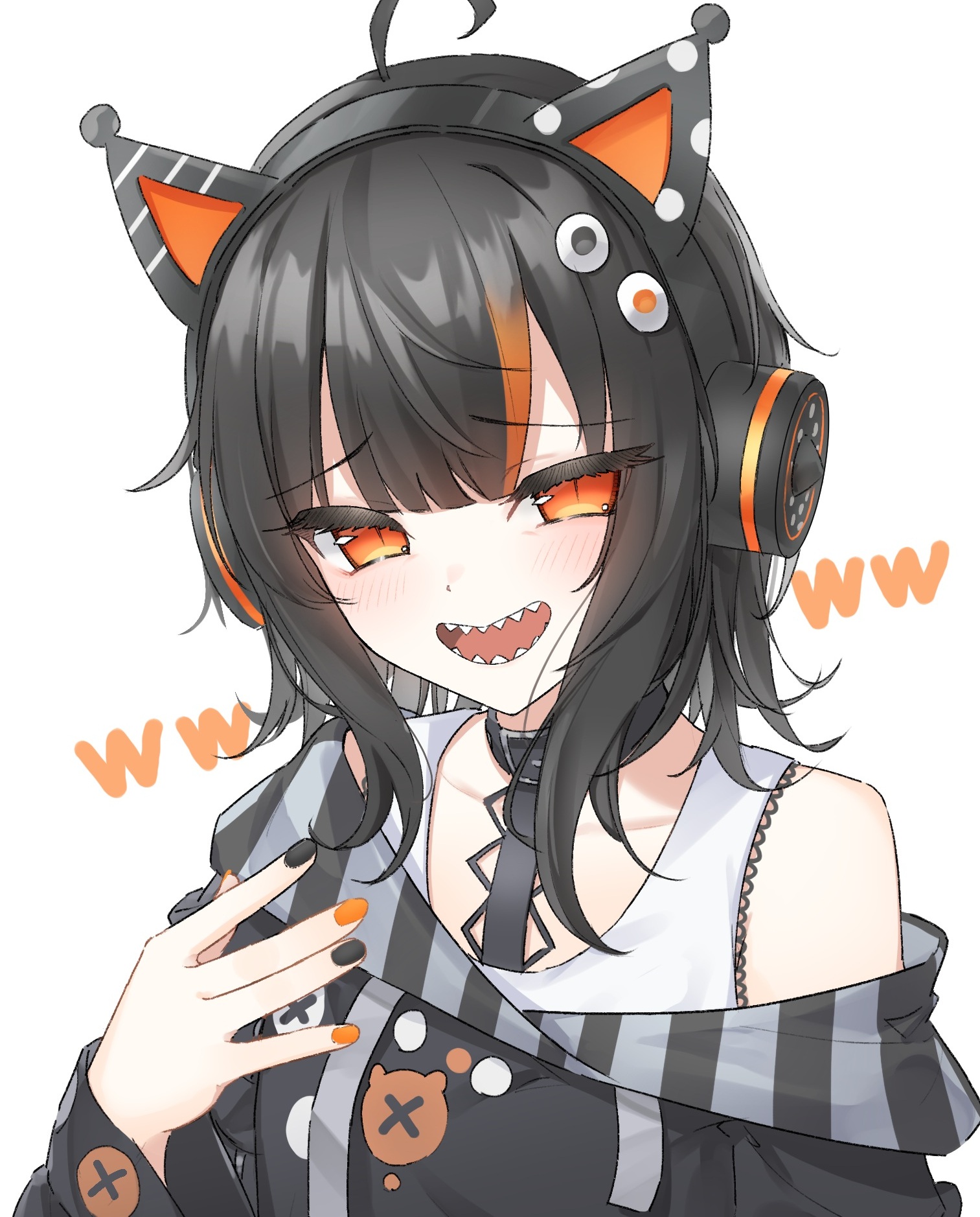 ise dango, sawatari coco, mahou shoujo no majo saiban, commentary request, highres, 1girl, ahoge, animal ear headphones, animal ears, black collar, black hair, black nails, black sweater, cat ear headphones, cat ears, collar, fake animal ears, hand up, headphones, looking at viewer, multicolored hair, nail polish, open mouth, orange eyes, orange nails, sharp teeth, simple background, slit pupils, smile, solo, spoken www, streaked hair, sweater, teeth, upper body, white background
