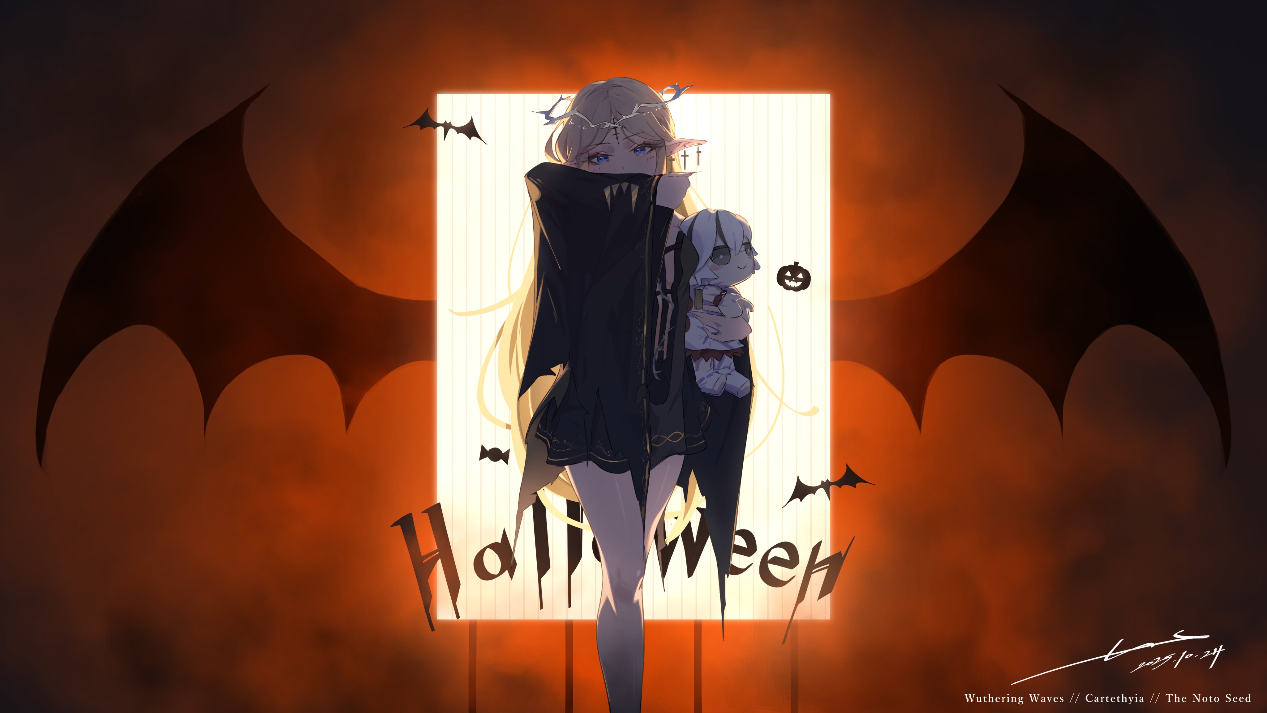 noto (noto 1213), cartethyia (wuthering waves), wuthering waves, absurdres, commentary, english commentary, highres, 1girl, adapted costume, artist name, black dress, blue eyes, breasts, camellya mascot (meme), character name, copyright name, costume, crown of thorns, dated, doll, dress, halloween, halloween costume, holding, holding doll, looking at viewer, meme, parted bangs, signature, small breasts, solo, tacet mark (wuthering waves), thighs, vampire costume