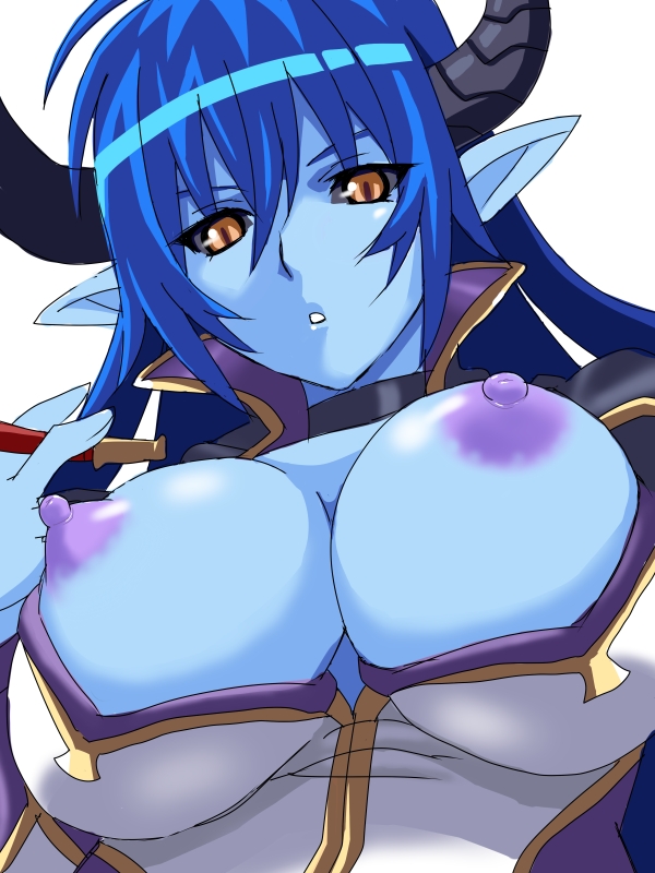 nisina, asmodeus (shinrabanshou), shinrabanshou, bad id, bad pixiv id, 1girl, blue hair, blue skin, breast slip, breasts, choker, colored nipples, colored skin, demon girl, female focus, horns, large breasts, nipples, open clothes, open shirt, pointy ears, purple nipples, shirt, solo, yellow eyes