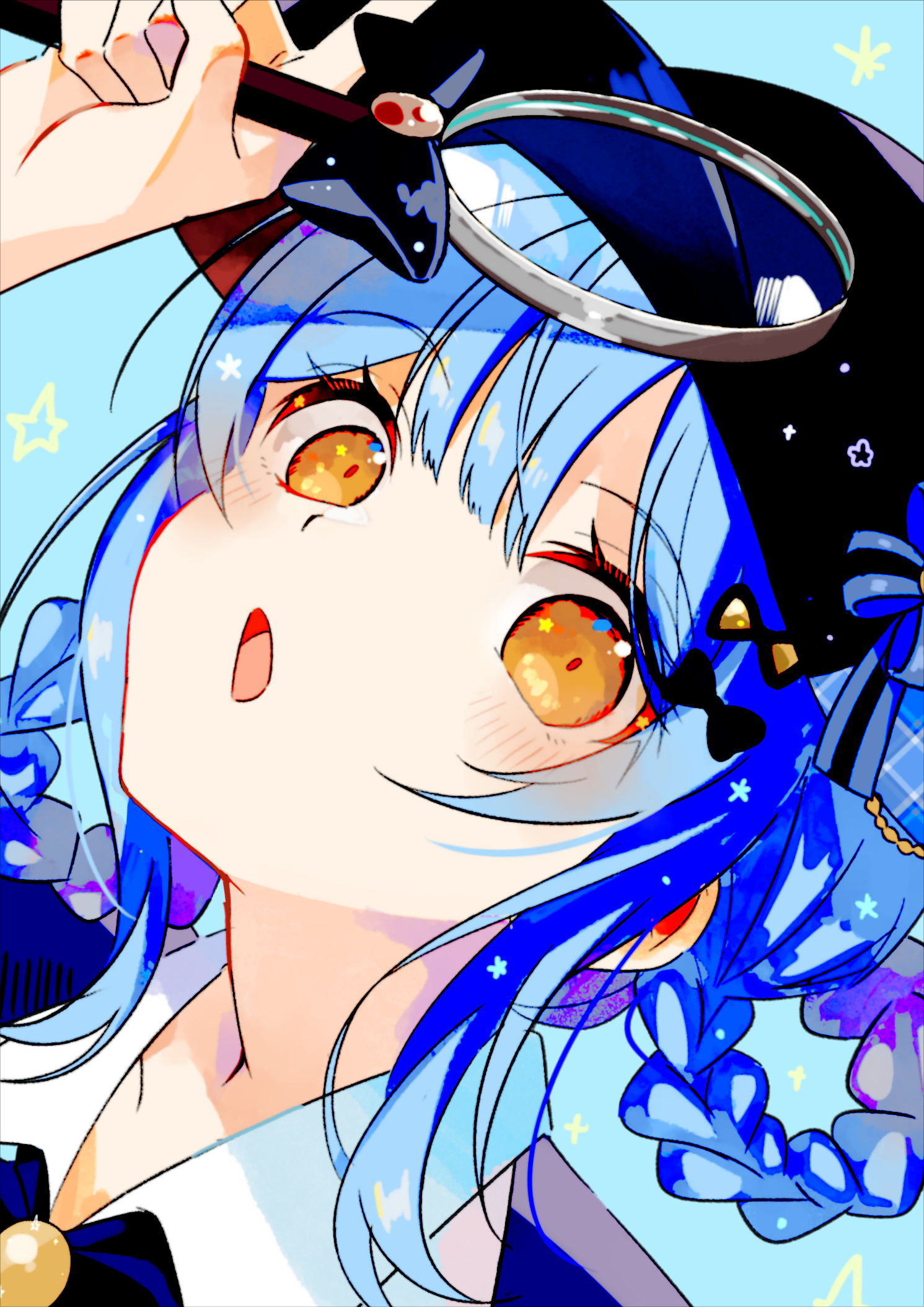 uminekoritorubasuta-zu, tachibana sherry, mahou shoujo no majo saiban, highres, 1girl, :o, black hat, blue background, blue hair, braid, braided hair rings, hair rings, hat, holding, holding magnifying glass, looking at viewer, magnifying glass, open mouth, portrait, short hair, solo, yellow eyes