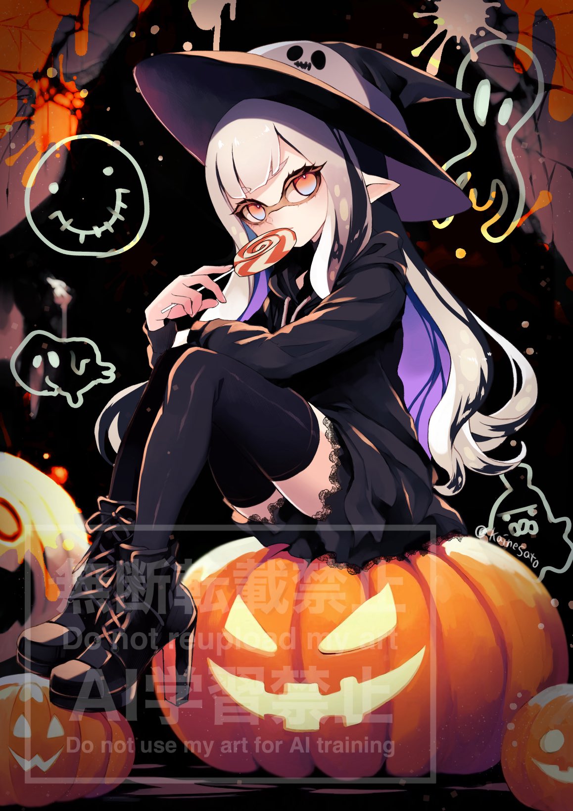 kainesato, inkling girl, inkling player character, nintendo, splatoon (series), commentary, highres, 1girl, black hair, black hat, black hoodie, black shoes, black skirt, black thighhighs, blue eyes, boots, candy, colored inner hair, drawstring, dress, food, full body, gradient eyes, grey hair, grey ribbon, halloween, hat, hat ribbon, high heel boots, high heels, holding, holding candy, holding food, holding lollipop, hood, hood down, hoodie, inkling, jack-o'-lantern, lace-up boots, lollipop, long hair, long sleeves, multicolored eyes, multicolored hair, orange eyes, pointy ears, purple dress, ribbon, shoes, sitting, skirt, solo, swirl lollipop, tentacle hair, thighhighs, two-tone eyes, watermark, witch hat