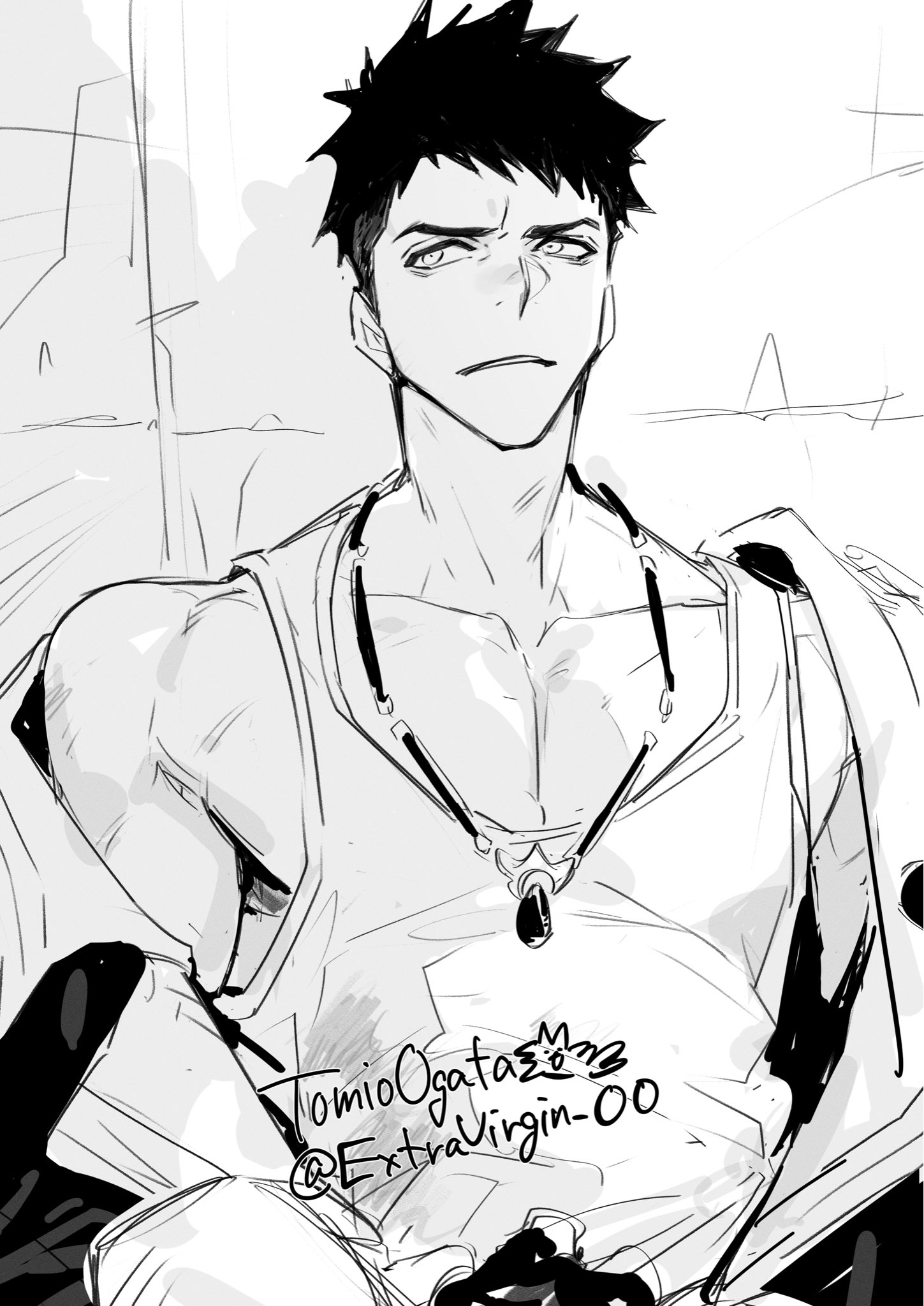 ogata tomio, dante (dmc: devil may cry), devil may cry, devil may cry (series), dmc: devil may cry, highres, 1boy, artist name, collarbone, greyscale, jacket, jewelry, looking to the side, male focus, monochrome, muscular, muscular male, necklace, open clothes, open jacket, parted lips, short hair, sideways glance, signature, single off shoulder, sketch, solo, tank top, twitter username, very short hair