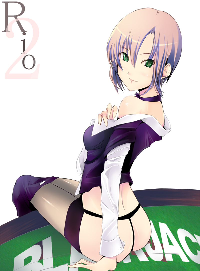 riochan, rio rollins, super blackjack, 1girl, ass, bare shoulders, choker, croupier, female focus, g-string, green eyes, panties, pants, pink hair, short hair, sitting, solo, thong, underwear, undressing