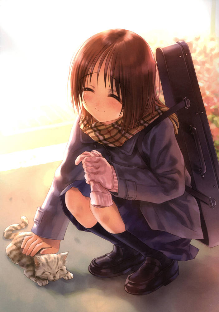 goto p, non-web source, 1girl, animal, baby animal, blush, brown hair, cat, closed eyes, closed mouth, coat, gloves, head tilt, instrument case, instrument case on back, kitten, loafers, long hair, petting, scarf, shoes, short hair, skirt, smile, squatting, sunset