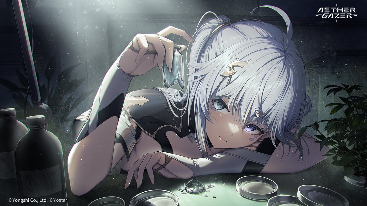 amano misaki, aether gazer, character request, second-party source, 1girl, ahoge, bottle, broken bottle, closed mouth, copyright logo, copyright notice, facial mark, grey eyes, grey hair, hair ornament, heterochromia, holding, holding bottle, logo, long hair, plant, ponytail, purple eyes, solo