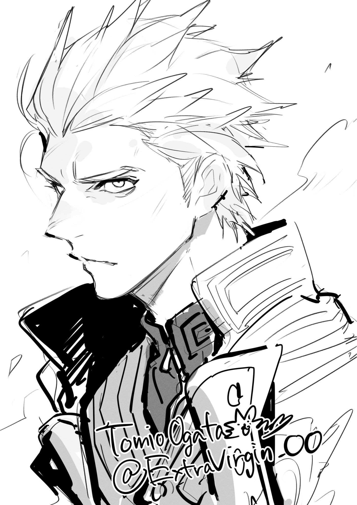 ogata tomio, vergil (devil may cry), devil may cry (series), devil may cry 5, highres, 1boy, artist name, coat, hair slicked back, looking at viewer, looking to the side, male focus, monochrome, parted lips, scratches, short hair, sideways glance, signature, simple background, sketch, solo, twitter username, upper body