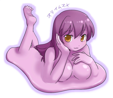 tonomura hideo, lowres, 1girl, barefoot, breasts, colored skin, feet, female focus, large breasts, legs up, lying, melting, monster girl, on stomach, orange eyes, picobox, purple hair, purple skin, purple theme, semiliquid, slime (substance), slime girl, smile, solo, yellow eyes