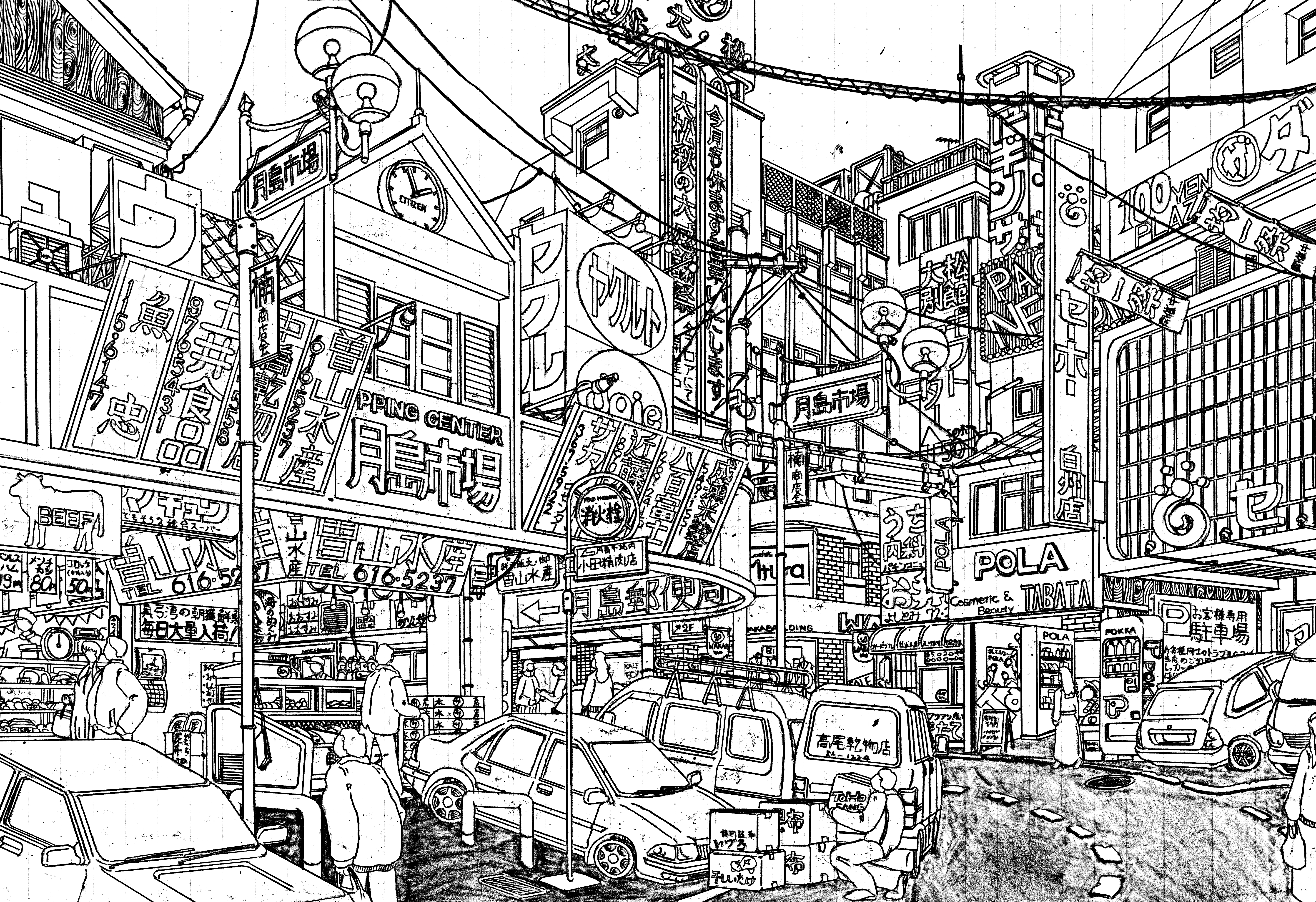 original, absurdres, chinese commentary, commentary request, highres, traditional media, translation request, absurdly detailed composition, analog clock, building, car, clock, greyscale, lamppost, lineart, monochrome, motor vehicle, outdoors, people, power lines, road, scenery, shop, shopping district, sign, street, timestamp, urban, yamaguti
