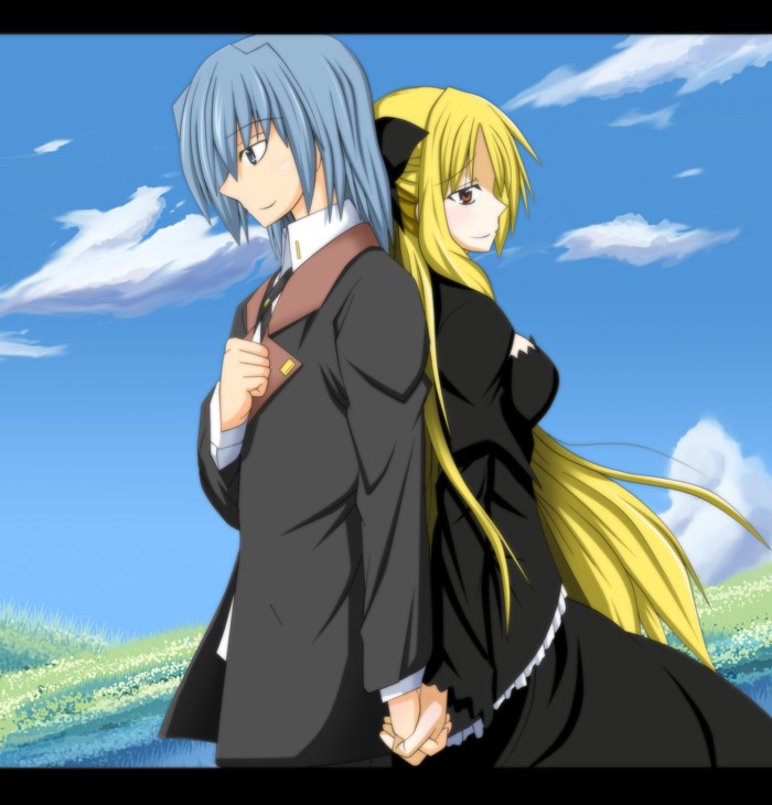 jikai, ayasaki hayate, tennousu athena, hayate no gotoku!, 00s, back-to-back, blonde hair, blue hair, holding hands, letterboxed