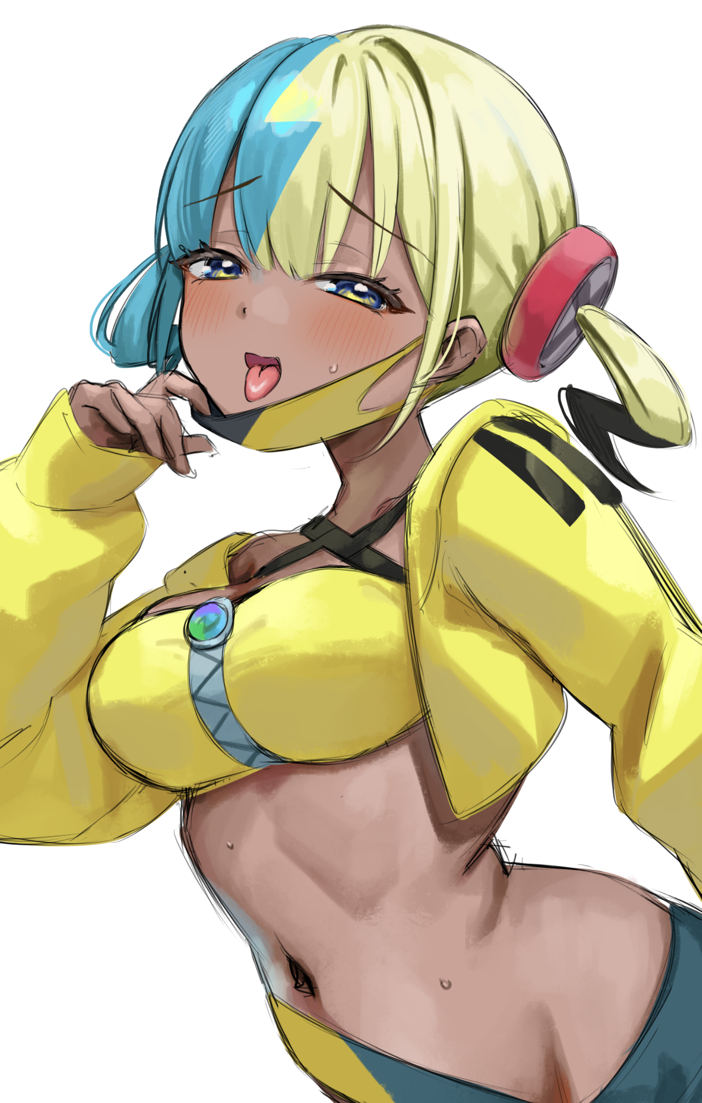 hoshimiya aki, canari (pokemon), nintendo, pokemon, pokemon legends: z-a, commentary request, highres, 1girl, aqua hair, bandeau, black hair, black mask, blonde hair, blue eyes, breasts, dark-skinned female, dark skin, jacket, looking at viewer, mask, mask pull, medium breasts, multicolored hair, navel, open mouth, simple background, smile, solo, twintails, two-tone mask, white background, yellow bandeau, yellow jacket, yellow mask