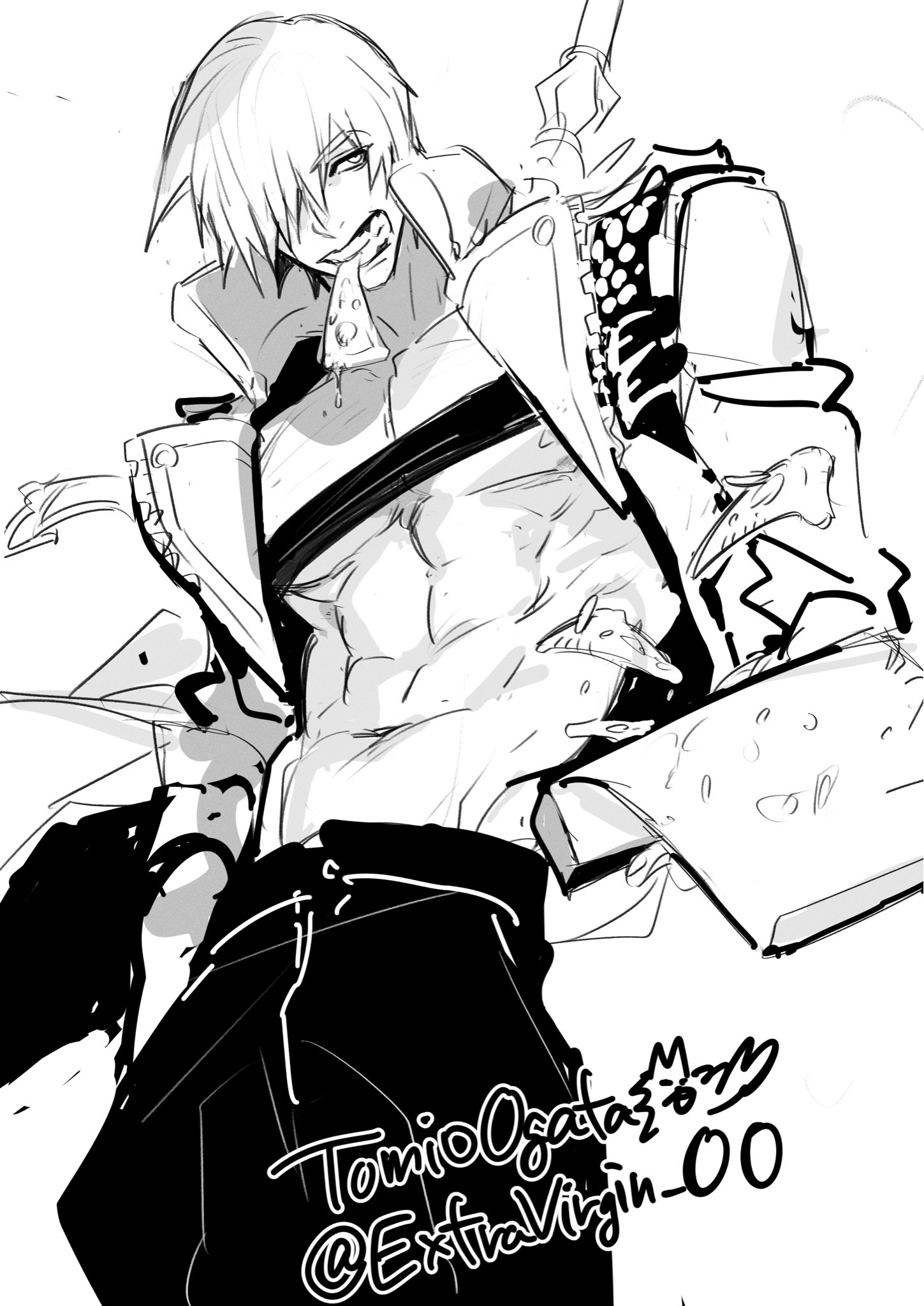 ogata tomio, dante (devil may cry), devil may cry, devil may cry (series), devil may cry 3, highres, 1boy, artist name, belt, belt bra, coat, cowboy shot, food, food in mouth, greyscale, hair over one eye, hand in pocket, looking to the side, male focus, monochrome, mouth hold, muscular, muscular male, open clothes, open coat, pants, pizza, pizza box, pizza slice, short hair, signature, simple background, sketch, solo, sword, sword on back, twitter username, weapon, weapon on back