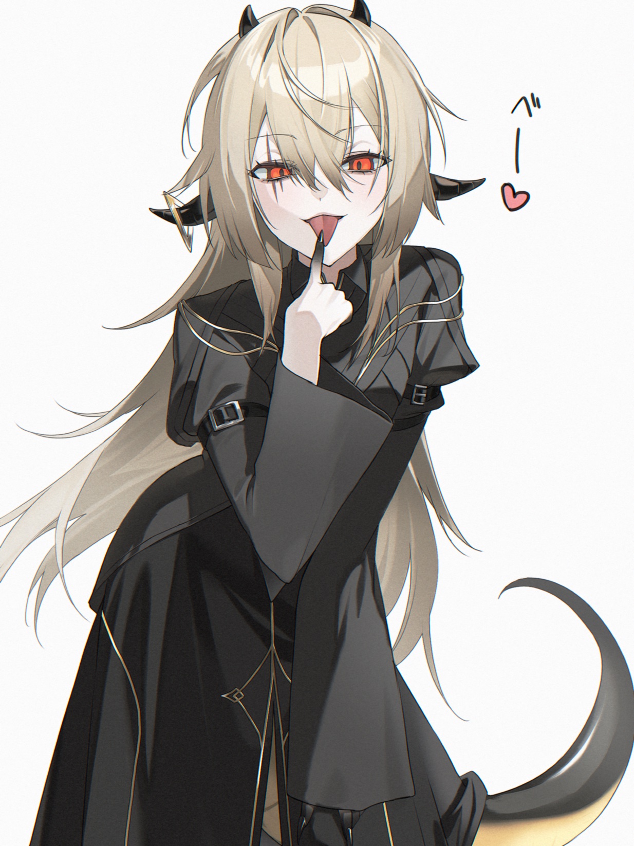 3shine 02, synex (path to nowhere), path to nowhere, commentary request, highres, 1girl, :p, aged down, black dress, black nails, blonde hair, collared dress, colored extremities, cowboy shot, dress, finger to tongue, fingernails, gown, gradient skin, grey background, hair between eyes, hair intakes, heart, horn ornament, horns, juliet sleeves, long hair, long sleeves, looking at viewer, mixed horns, puffy sleeves, red eyes, scar, scar across eye, scar on face, sharp fingernails, simple background, sleeve belt, solo, tail, tongue, tongue out, very long hair