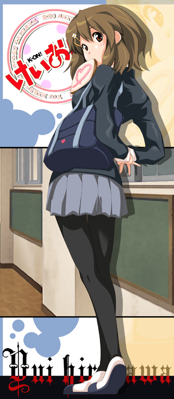 akaho sakura, hirasawa yui, k-on!, bad id, bad pixiv id, 00s, 1girl, bag, bread slice, brown eyes, brown hair, female focus, food, food in mouth, full body, indoors, looking back, mouth hold, pantyhose, school uniform, shoes, short hair, solo, toast, toast in mouth, uwabaki