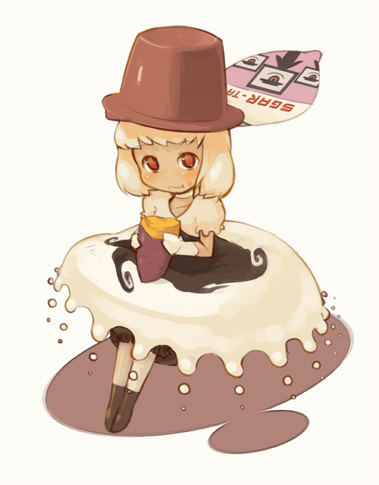 masha, sujah-tan, blonde hair, dress, eating, food, food on face, gloves, hat, pudding, red eyes, short hair, sitting, sweet potato