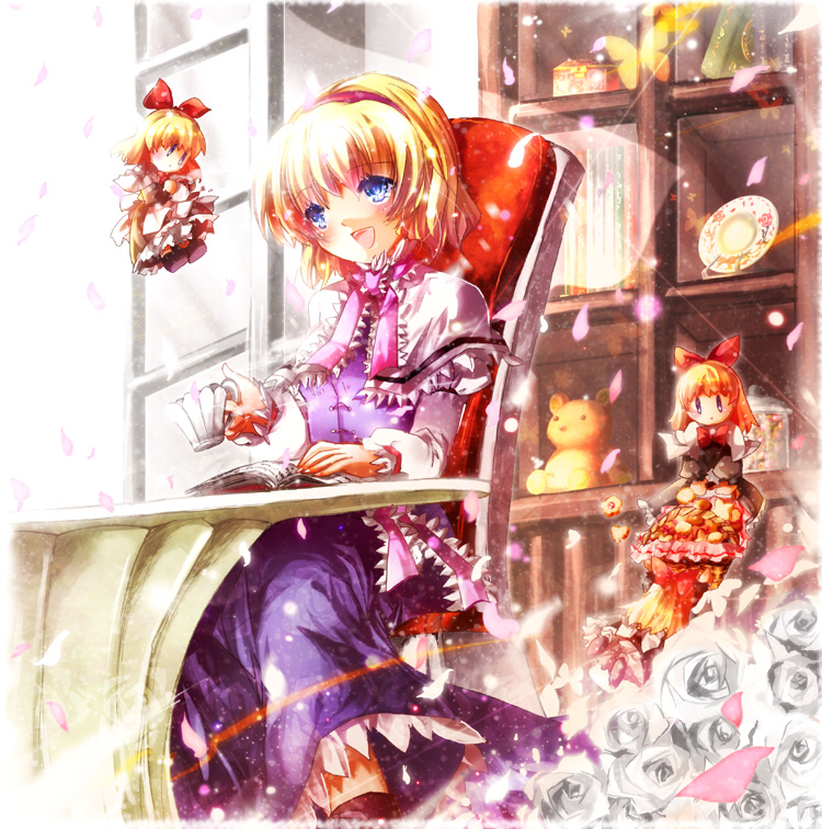 aquamarine, alice margatroid, shanghai doll, touhou, 4girls, blonde hair, blue eyes, book, capelet, cup, doll, female focus, flower, hairband, indoors, multiple girls, open mouth, petals, plant, sitting, solo, stuffed animal, stuffed toy, teacup, teddy bear