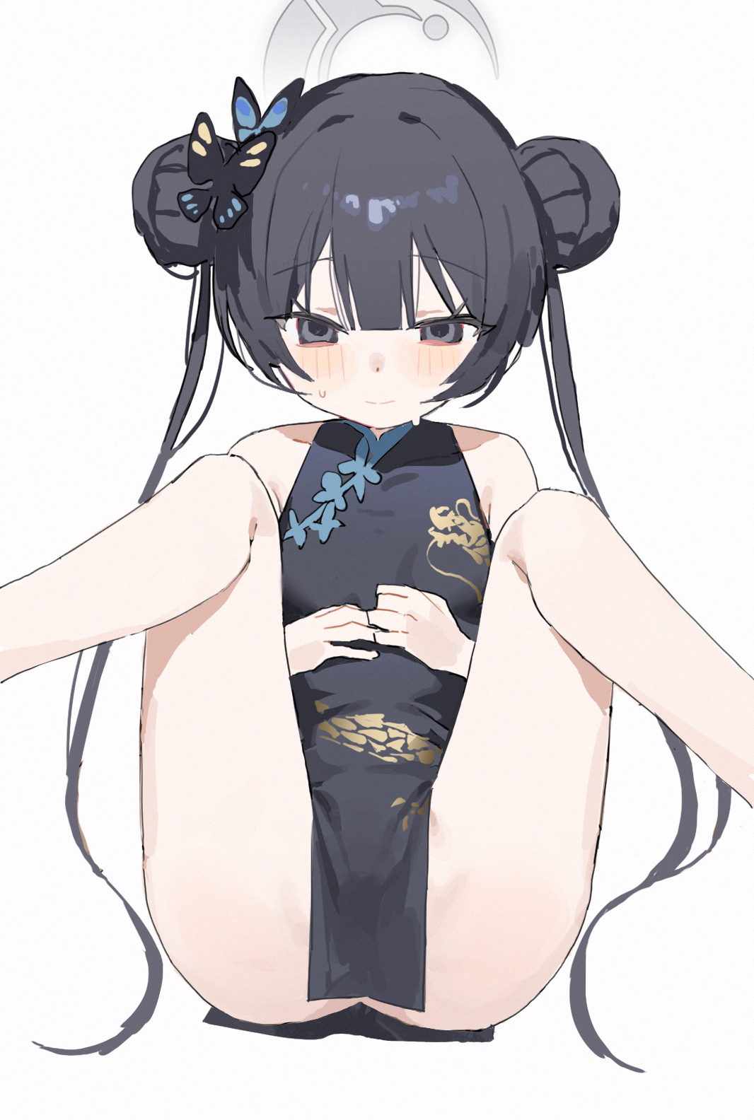 measho, kisaki (blue archive), blue archive, highres, 1girl, black dress, black hair, breasts, butterfly hair ornament, china dress, chinese clothes, double bun, dragon print, dress, grey eyes, grey halo, hair bun, hair ornament, halo, long hair, looking at viewer, pelvic curtain, print dress, simple background, sitting, small breasts, solo, twintails, white background