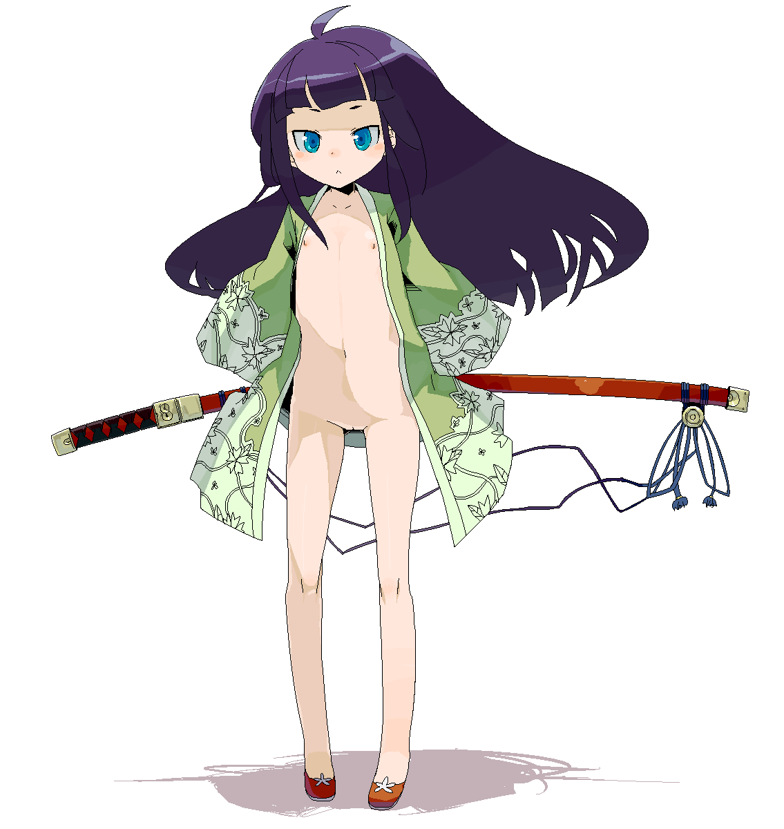 ume (datsuryokugen), ran (7th dragon), samurai (7th dragon), 7th dragon, 7th dragon (series), highres, 1girl, :<, ahoge, blue eyes, blunt bangs, blush stickers, female focus, flat chest, hime cut, japanese clothes, loli, long hair, looking at viewer, navel, nipples, no panties, nude, open clothes, open shirt, purple hair, pussy, sandals, sheath, shirt, solo, standing, sword, uncensored, weapon