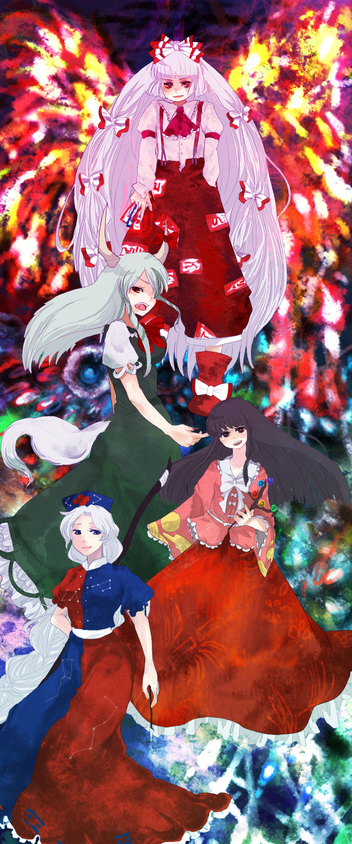 chiri (o9o9), ex-keine, fujiwara no mokou, houraisan kaguya, kamishirasawa keine, yagokoro eirin, touhou, silver hair, bad id, bad pixiv id, highres, long image, tall image, 4girls, arrow (projectile), black hair, blue eyes, bow, bow (weapon), braid, female focus, green hair, hair bow, hair ribbon, hat, horns, long hair, multiple girls, red eyes, ribbon, tail, weapon