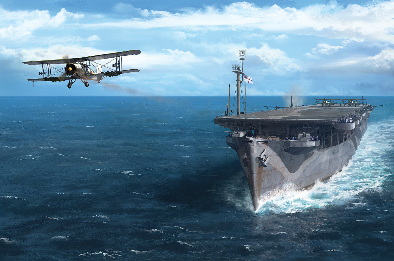 edouard groult, fairey swordfish, original, highres, aircraft, aircraft carrier, airplane, biplane, blue sky, cloud, cloudy sky, day, fish, mast, military vehicle, no humans, ocean, painterly, propeller fighter, royal navy, scenery, ship, sky, vehicle focus, warship, watercraft, waves, world war ii