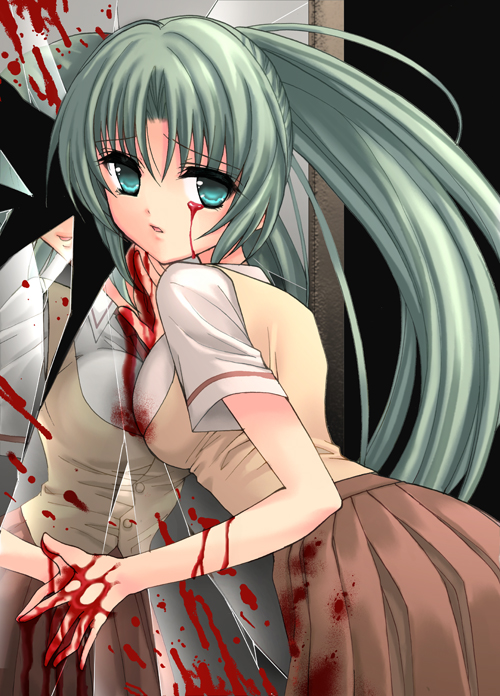 houjou yutori, sonozaki mion, higurashi no naku koro ni, 00s, blood, broken mirror, green eyes, green hair, mirror, ponytail, school uniform, solo