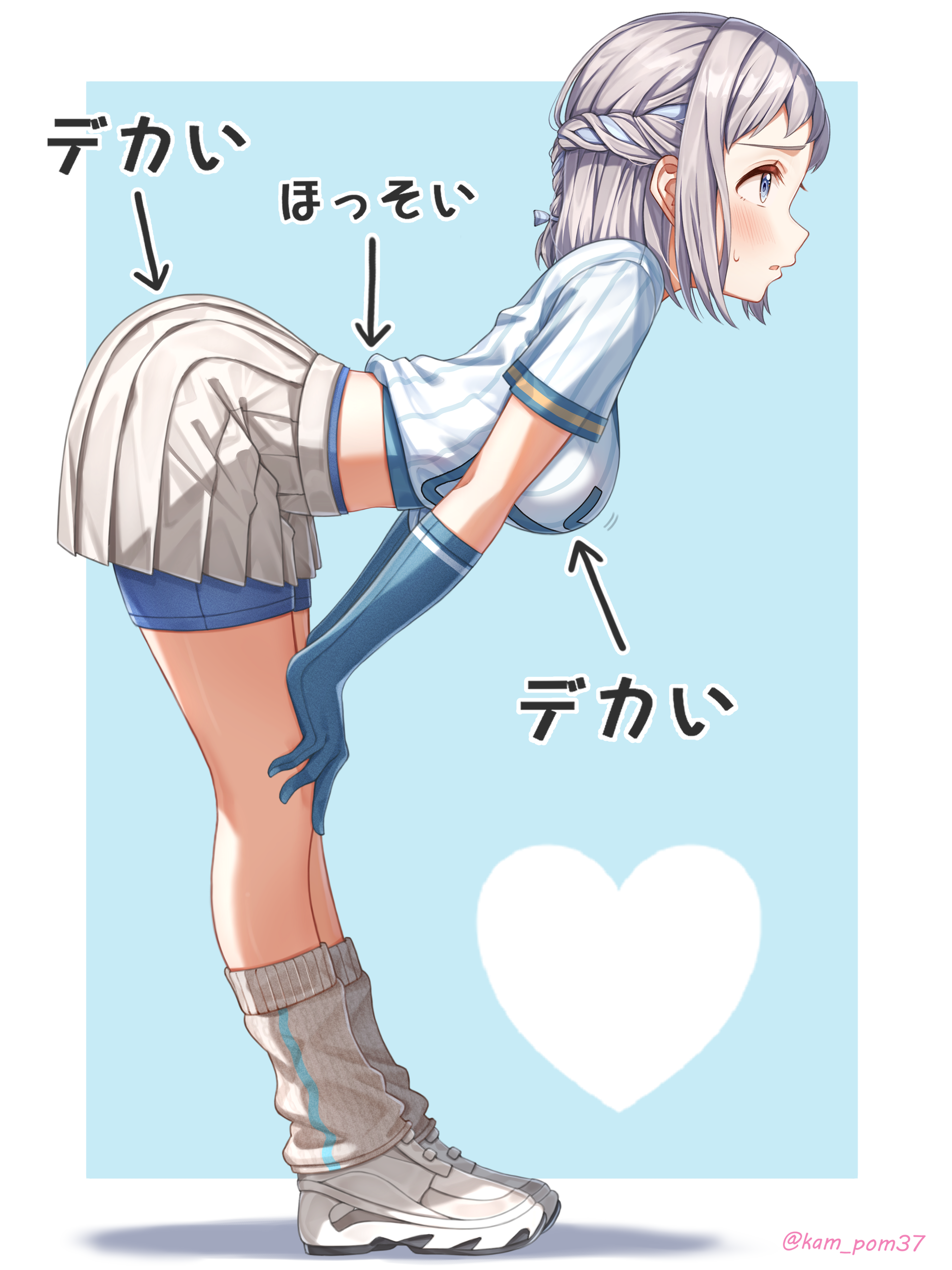 yugao (kam pom37), katsuragi lilja, gakuen idolmaster, idolmaster, absurdres, highres, translation request, 1girl, bent over, blue eyes, blue gloves, blue shorts, blush, breasts, elbow gloves, full body, gloves, grey hair, hands on own knees, large breasts, looking to the side, loose socks, pleated skirt, shirt, short shorts, short sleeves, shorts, skirt, socks, solo, white shirt, white skirt, white socks