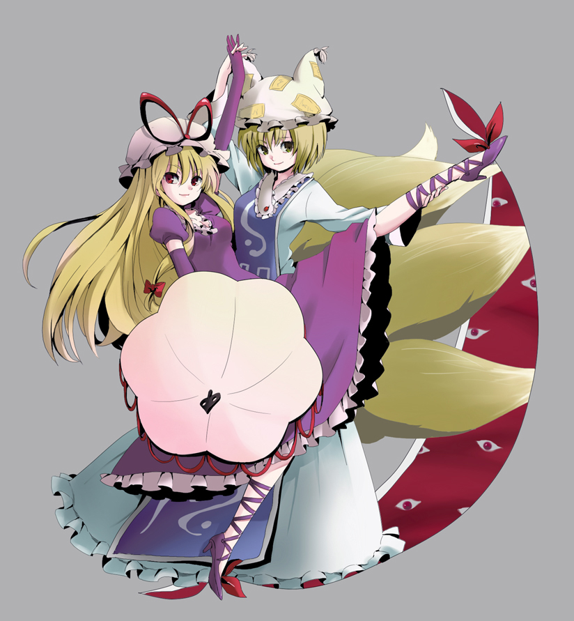 ica, yakumo ran, yakumo yukari, touhou, bad id, bad pixiv id, 2girls, animal hat, ankle lace-up, blonde hair, elbow gloves, female focus, fox tail, gap (touhou), gloves, grey background, hat, high heels, holding hands, leg lift, long hair, long sleeves, mob cap, multiple girls, multiple tails, parasol, red eyes, ribbon, shoes, short hair, simple background, smile, tail, tassel, umbrella, yellow eyes