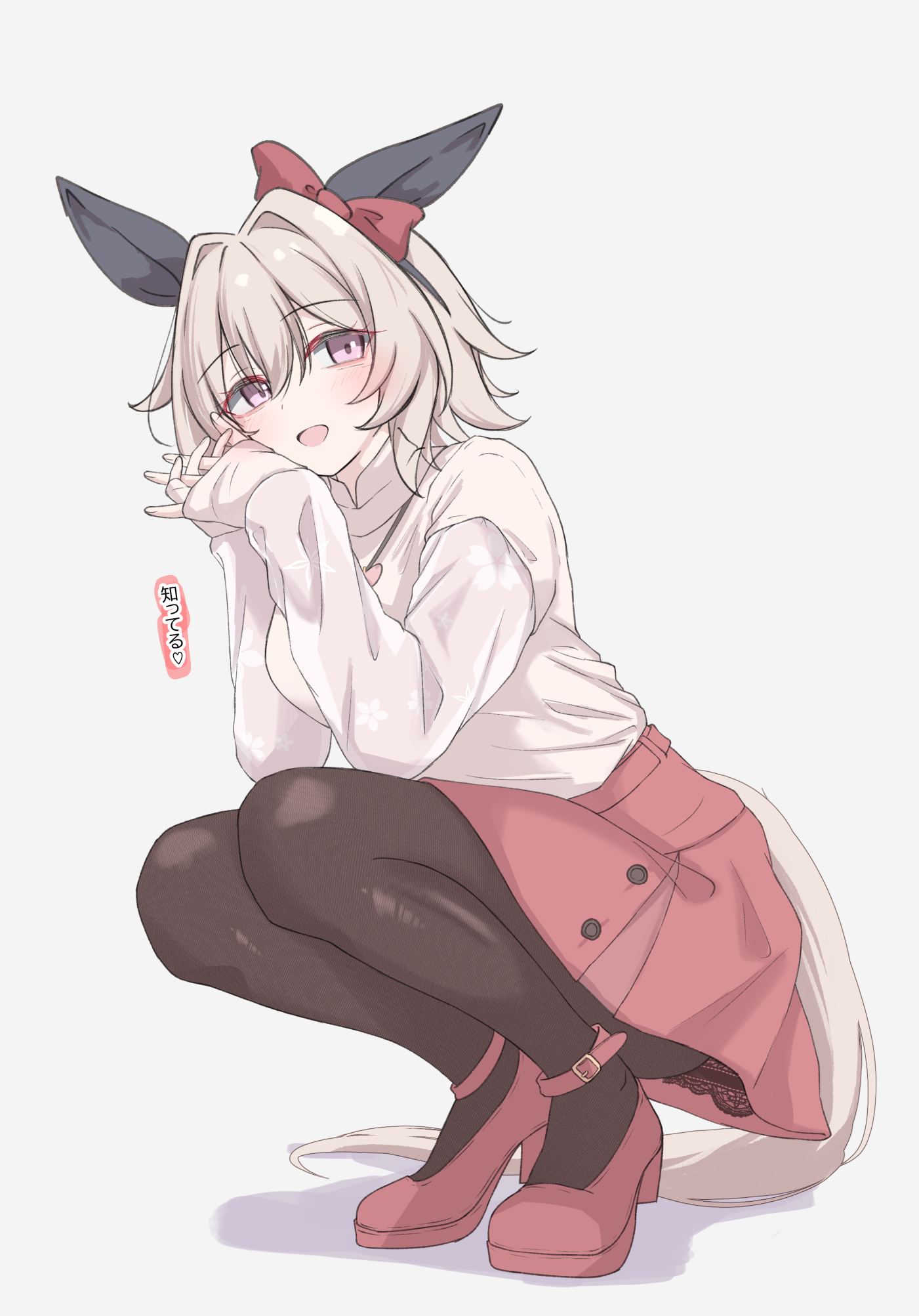 tofu thunder, curren chan (casual) (umamusume), curren chan (umamusume), umamusume, commentary request, highres, translation request, 1girl, :d, animal ears, black pantyhose, bow, breasts, grey background, grey hair, hair between eyes, horse ears, horse girl, horse tail, jewelry, long sleeves, looking at viewer, necklace, open mouth, pantyhose, purple eyes, red bow, red shoes, red skirt, shoes, simple background, skirt, smile, solo, squatting, tail