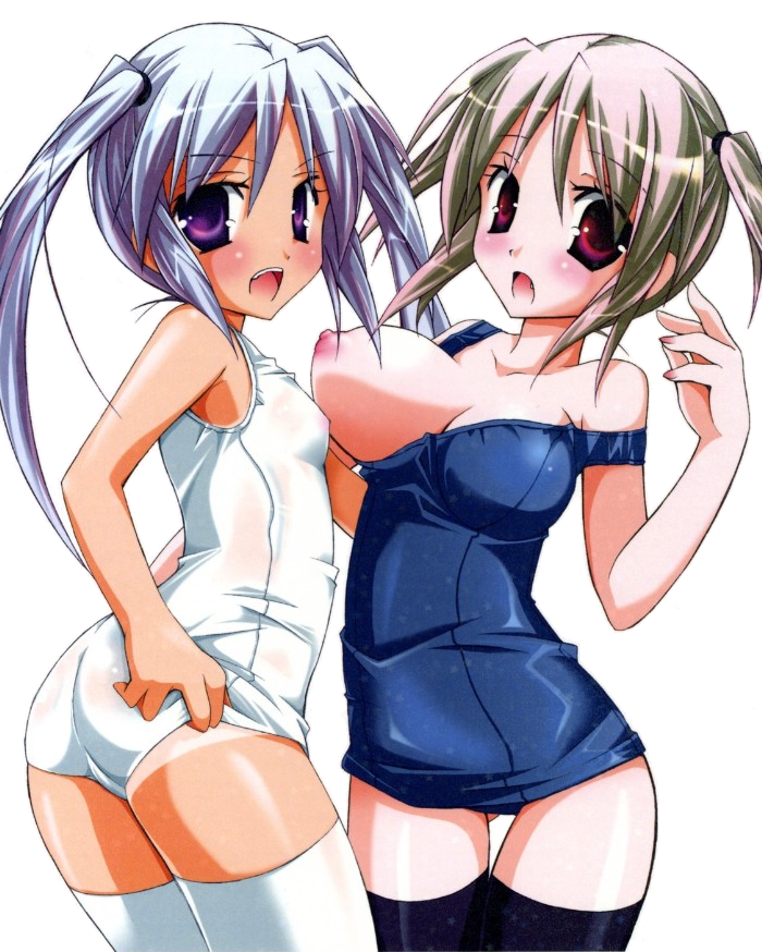 mochizuki nana, original, 2girls, ass, blush, breast slip, breasts, brown hair, flat chest, loli, long hair, medium breasts, multiple girls, nipples, one-piece swimsuit, purple eyes, purple hair, red eyes, school swimsuit, short hair, small breasts, swimsuit, tan, tanline, thighhighs, twintails, white one-piece swimsuit, white school swimsuit