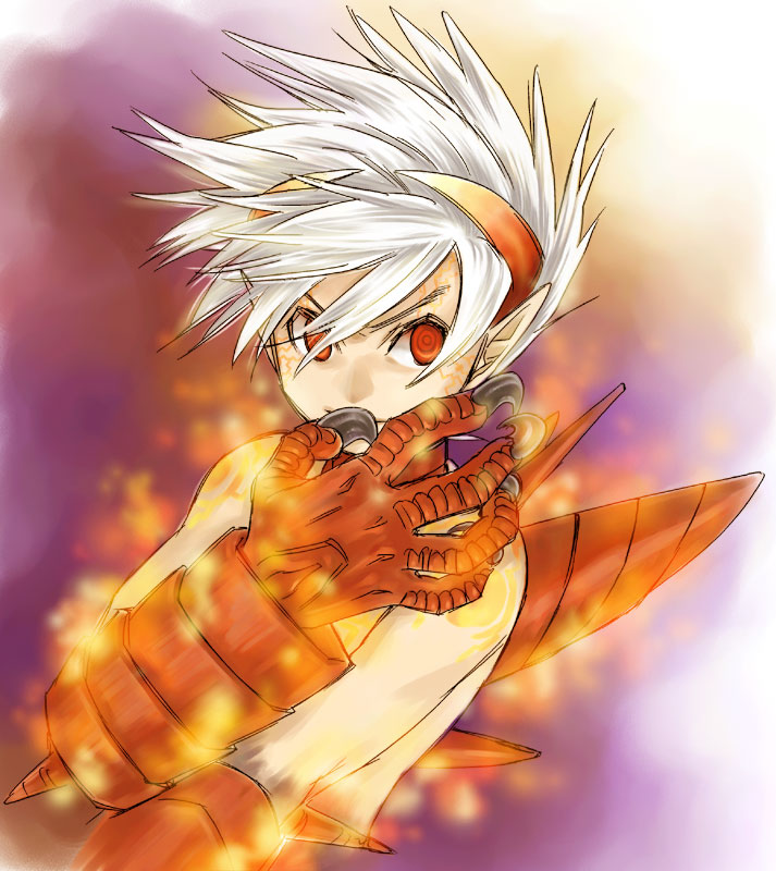 syri, ryu (breath of fire v), breath of fire, breath of fire v, bad id, bad pixiv id, 1boy, claws, gradient background, male focus, red eyes, solo, upper body, white background, white hair