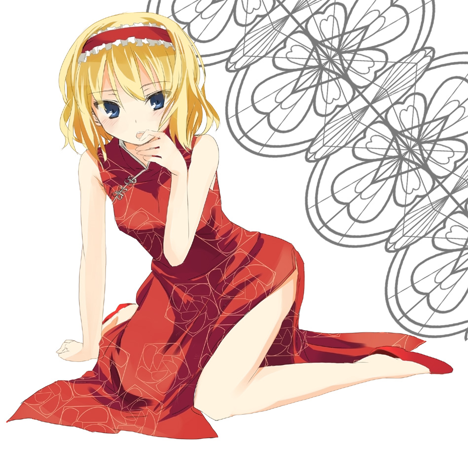 gotyou, alice margatroid, touhou, bad id, bad pixiv id, 1girl, blonde hair, blue eyes, blush, china dress, chinese clothes, dress, female focus, full body, hairband, short hair, side slit, solo, tongue, white background