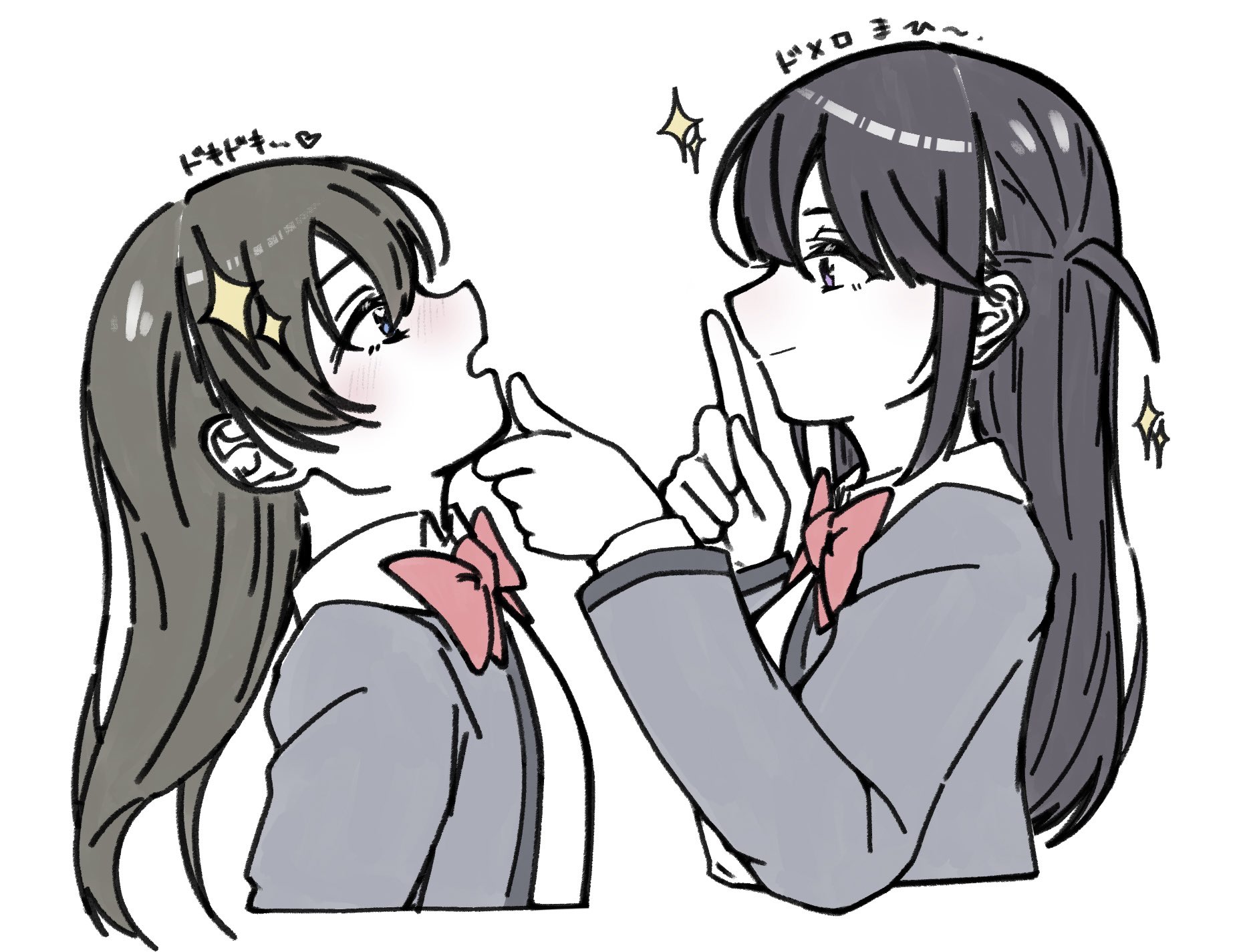 daua history, kagura hikari, tsuyuzaki mahiru, shoujo kageki revue starlight, commentary request, highres, translation request, 2girls, arm at side, black hair, blue eyes, blush, bow, bowtie, closed mouth, collared shirt, cropped torso, eye contact, finger to mouth, from side, grabbing another's chin, grey jacket, hair between eyes, hair ornament, hairclip, hand on another's chin, hand up, heart, jacket, long hair, long sleeves, looking at another, multiple girls, nose blush, one side up, open clothes, open jacket, open mouth, profile, purple eyes, red bow, red bowtie, school uniform, seishou music academy uniform, shirt, shushing, smile, sparkle, sparkle hair ornament, spoken heart, upper body, white shirt, yuri