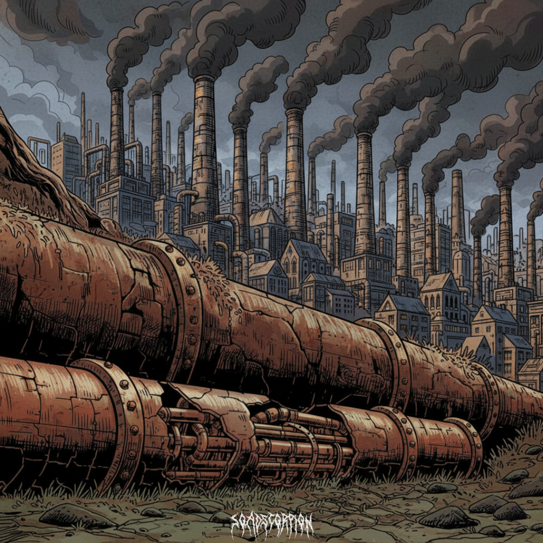 original, commentary, english commentary, artist logo, artist name, cityscape, day, industrial, industrial pipe, logo, no humans, outdoors, pollution, scenery, smoke, smokestack, soadscorpion