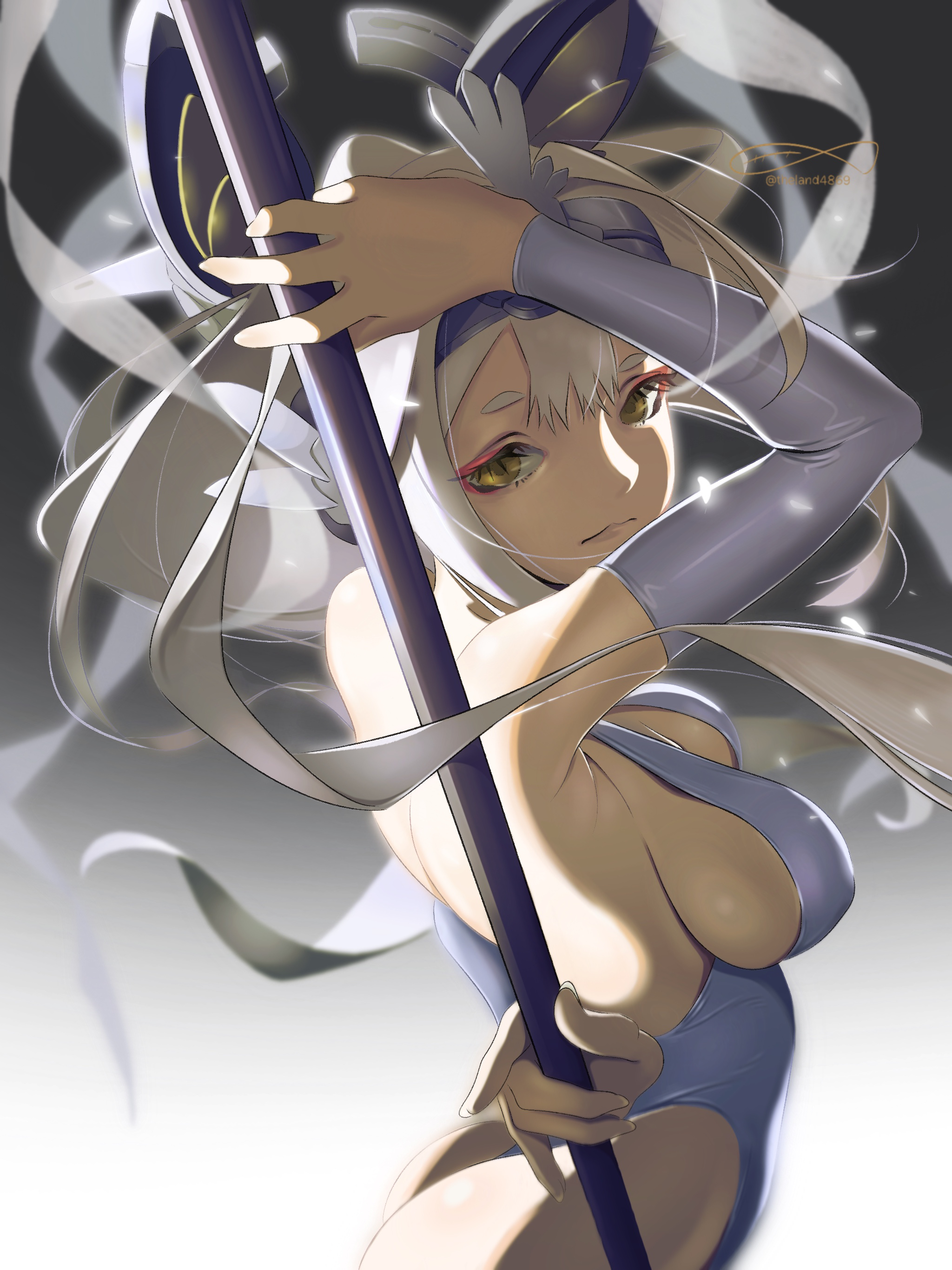 megami device, absurdres, highres, 1girl, arm warmers, ass, breasts, expressionless, eyeshadow, headgear, highleg, highleg leotard, holding, holding polearm, holding weapon, leotard, long hair, looking at viewer, looking back, makeup, medium breasts, polearm, red eyeshadow, short eyebrows, sideboob, slit pupils, solo, tamamo no mae (megami device), theland4869, very long hair, weapon, white hair, yellow eyes