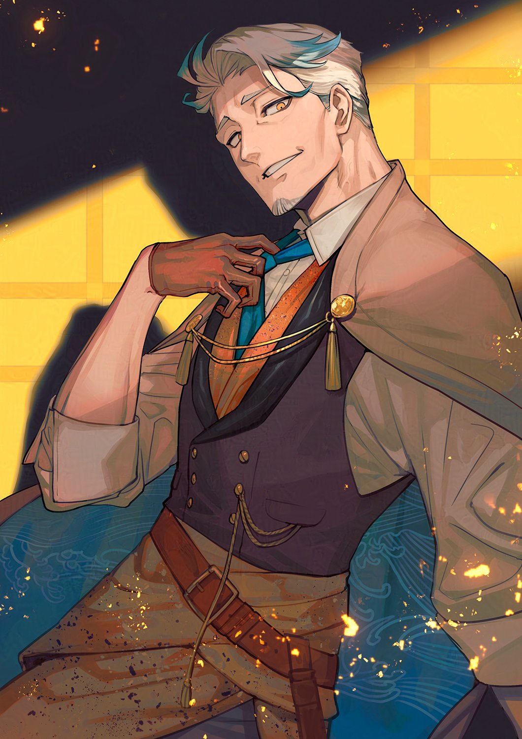 lack, katsu kaishuu (fate), fate/grand order, fate (series), highres, 1boy, aiguillette, belt, black corset, blue cape, blue hair, blue necktie, blue streaks, brown belt, brown cape, brown gloves, buttons, cape, clothes grab, collared shirt, corset, double-breasted, dress shirt, facial hair, gloves, goatee, light particles, looking at viewer, male focus, multicolored hair, necktie, necktie grab, neckwear grab, old, old man, orange robe, patterned clothing, robe, shirt, sleeves rolled up, smile, solo, streaked hair, sunlight, two-tone cape, two-tone hair, white hair, white shirt, yellow background, yellow eyes