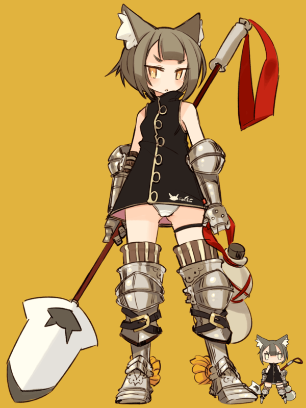 mota, 1girl, animal ears, armor, chibi, female focus, grey hair, panties, polearm, ribbon, simple background, solo, spear, thighhighs, underwear, upskirt, weapon, yellow eyes