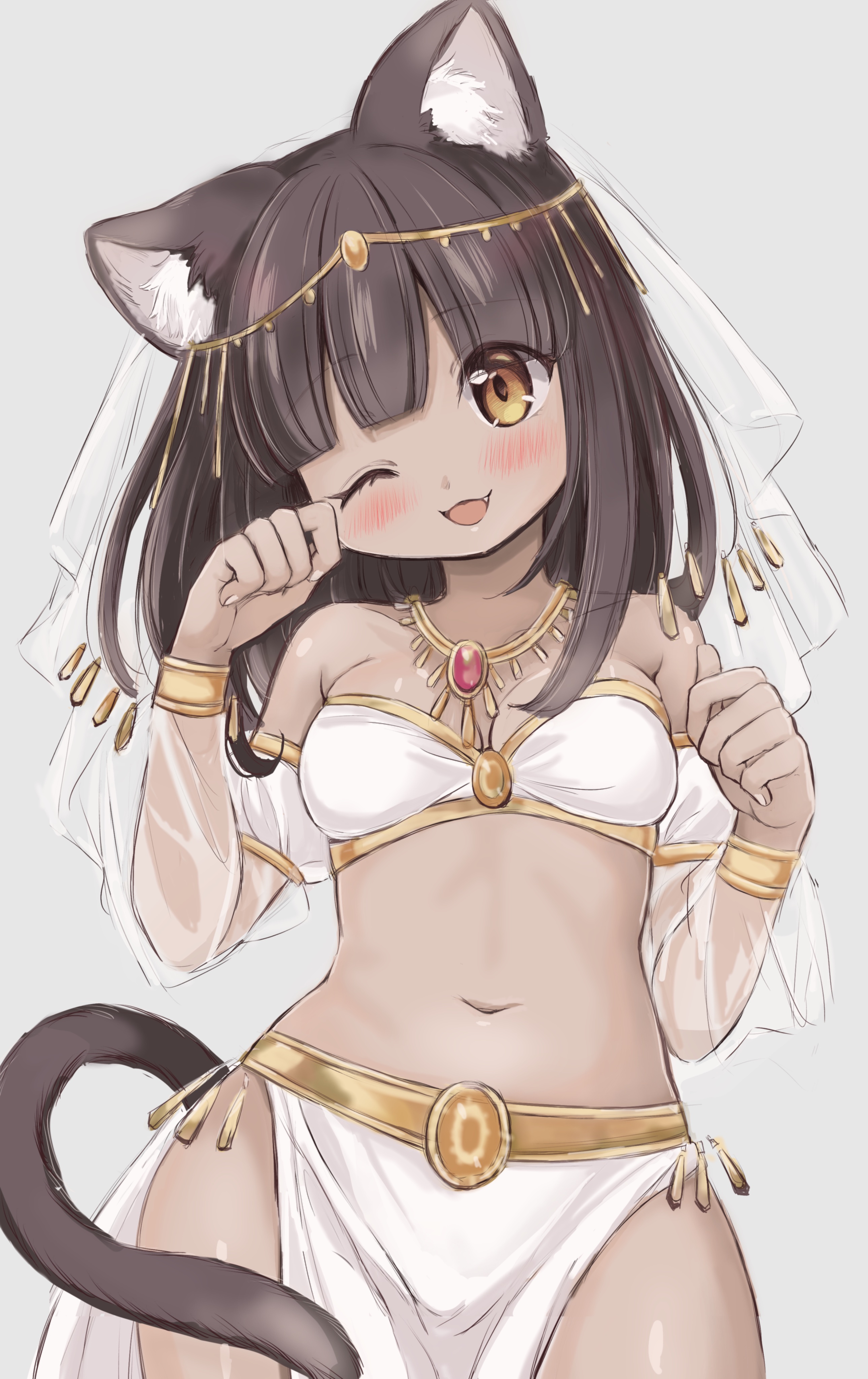 hitode, original, absurdres, commentary request, highres, paid reward available, 1girl, ancient egyptian, ancient egyptian clothes, animal ear fluff, animal ears, bangle, bare shoulders, blunt bangs, blush, bra, bracelet, breasts, bridal veil, cat ears, cat tail, cowboy shot, dark-skinned female, dark skin, detached sleeves, fang, gem, grey background, hands up, head tilt, if you want to become a godly artist (trend), jewelry, loincloth, looking at viewer, medium breasts, medium hair, navel, one eye closed, open mouth, simple background, smile, solo, stomach, tail, tareme, underwear, veil, white bra, yellow eyes