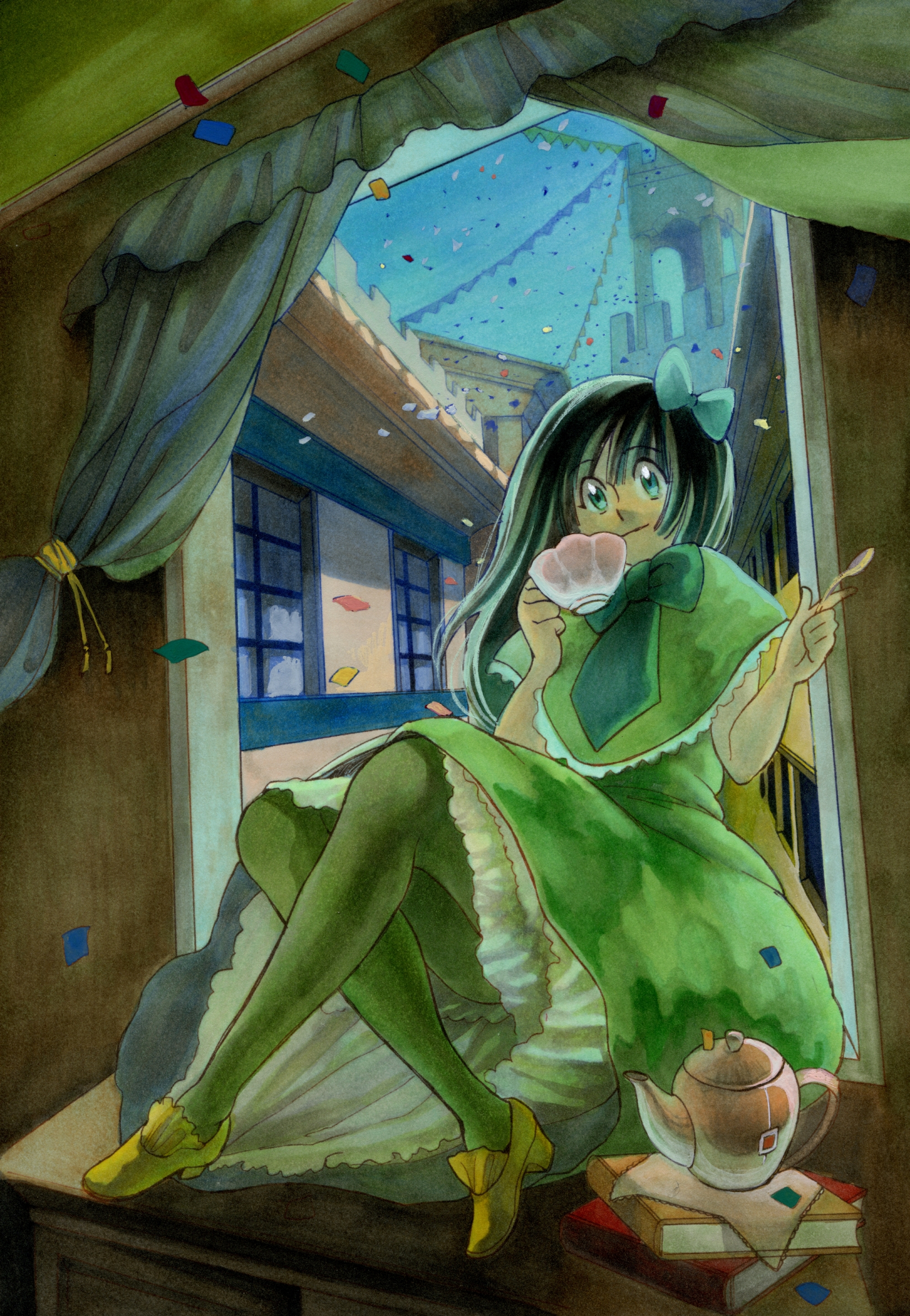 ka-t, ka-t (artist), original, absurdres, bad id, bad pixiv id, highres, traditional media, black hair, blue eyes, book, bow, confetti, cup, curtains, dress, hair ornament, pantyhose, solo, teacup, teapot, thighhighs, window