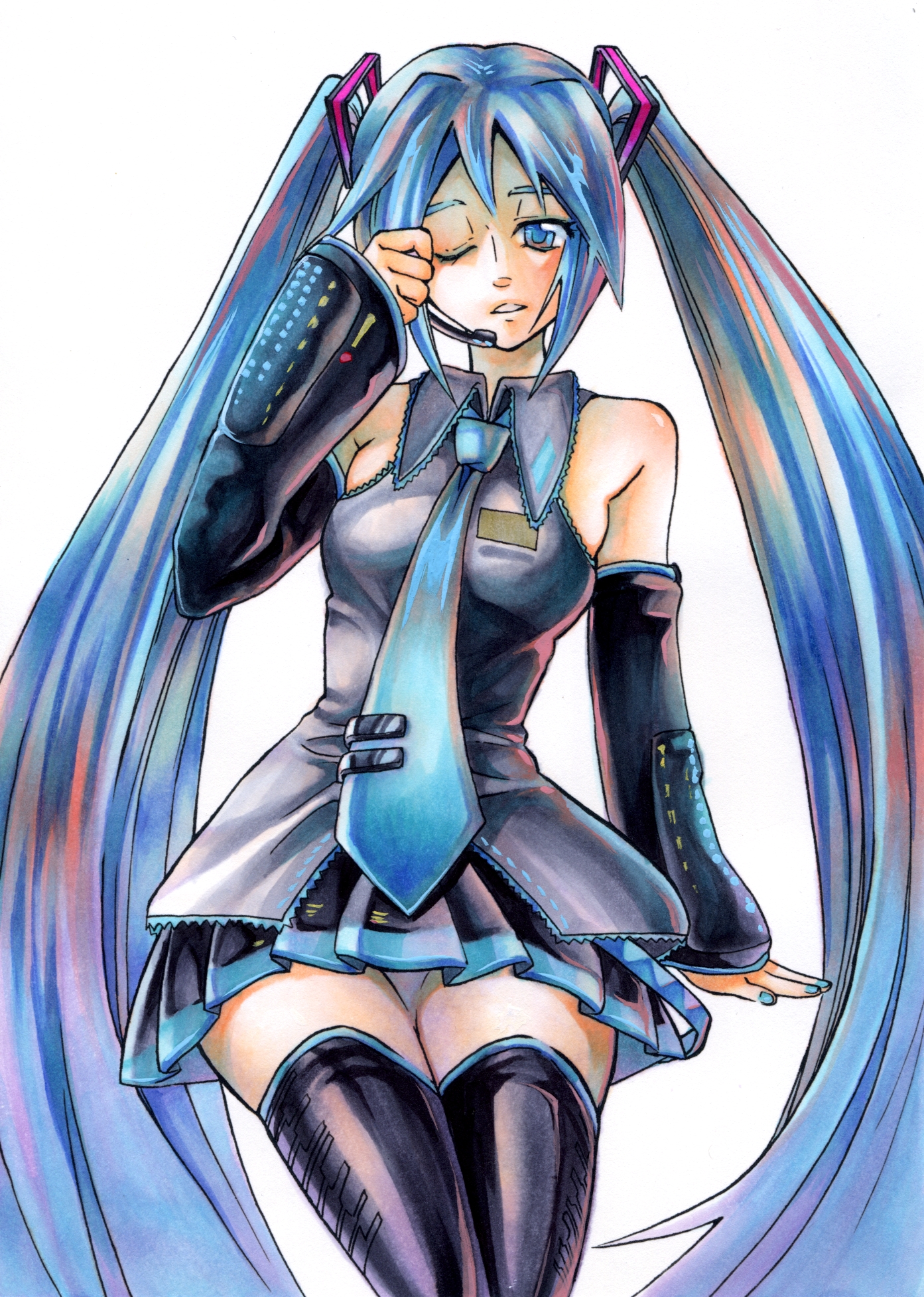 ka-t, ka-t (artist), hatsune miku, vocaloid, bad id, bad pixiv id, highres, blue eyes, blue hair, detached sleeves, hip focus, long hair, one eye closed, solo, thighhighs, twintails, upskirt, wide hips, wink, zettai ryouiki