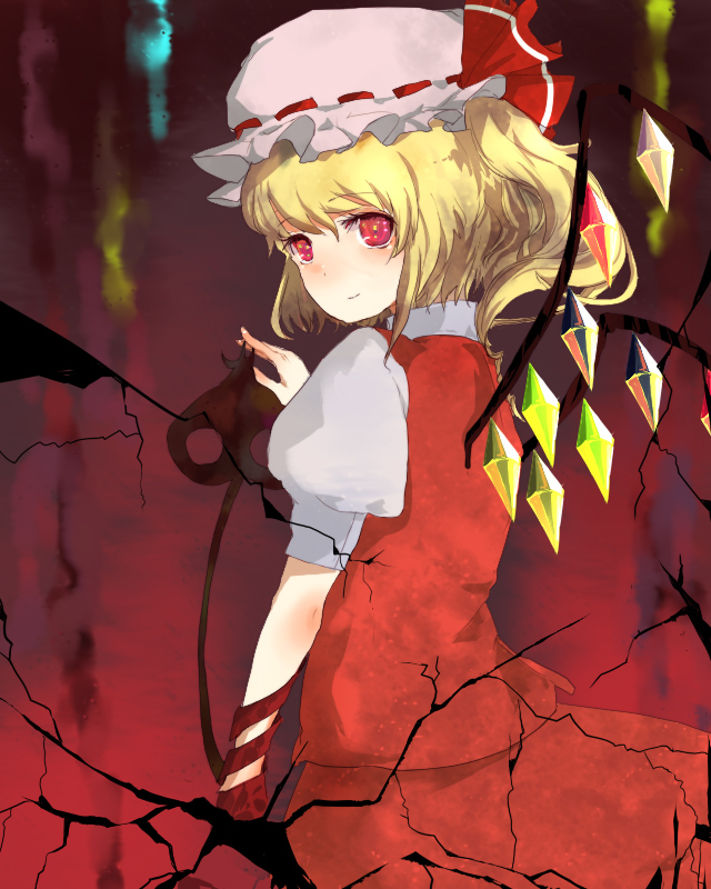 chiri (o9o9), flandre scarlet, touhou, bad id, bad pixiv id, 1girl, blonde hair, blouse, female focus, hair between eyes, hat, mob cap, one side up, ponytail, red background, red eyes, red theme, shirt, short hair, side ponytail, solo, white shirt, wings