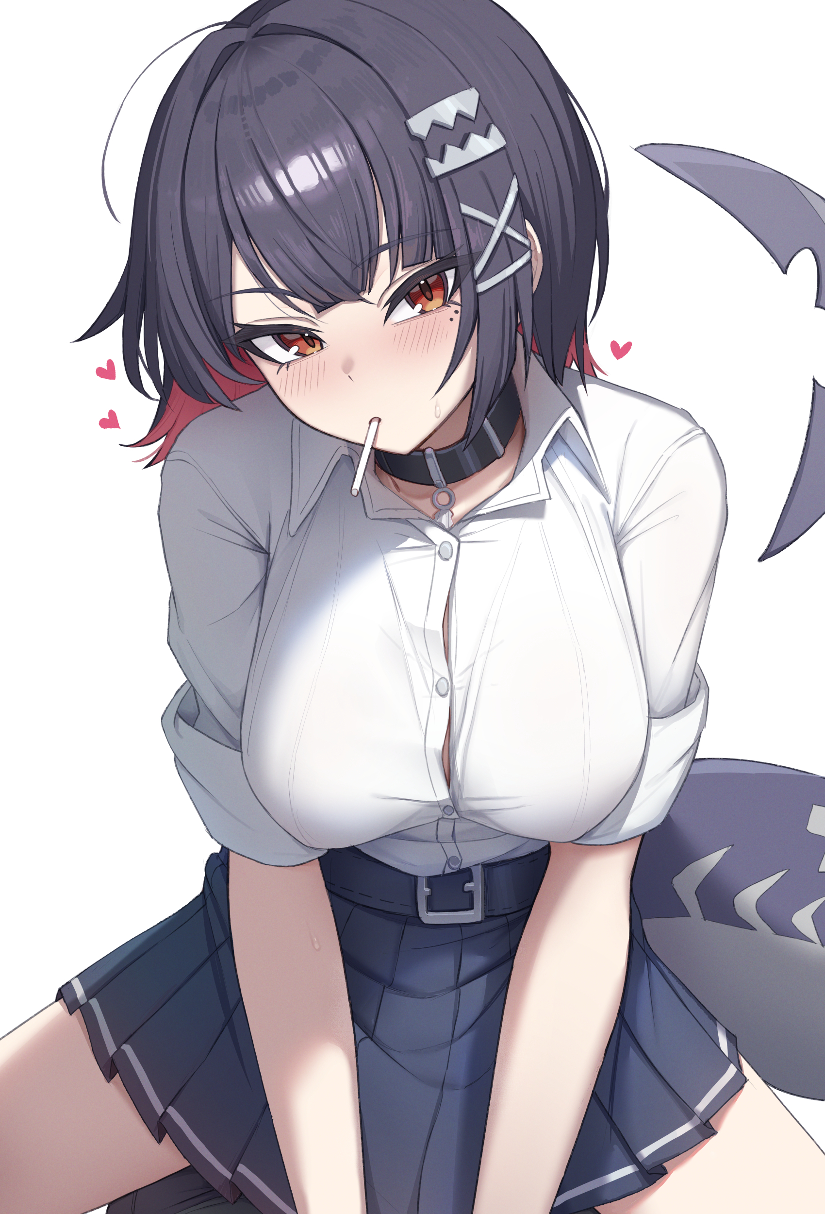 icetea art, ellen joe, ellen joe (on campus), zenless zone zero, absurdres, highres, 1girl, black collar, black hair, black skirt, blush, breasts, brown eyes, button gap, collar, colored inner hair, fins, fish tail, large breasts, lollipop in mouth, mole, mole under eye, multicolored hair, official alternate costume, pleated skirt, red hair, school uniform, shark girl, shark tail, shirt, short hair, skirt, solo, tail, thighs, two-tone hair, white shirt