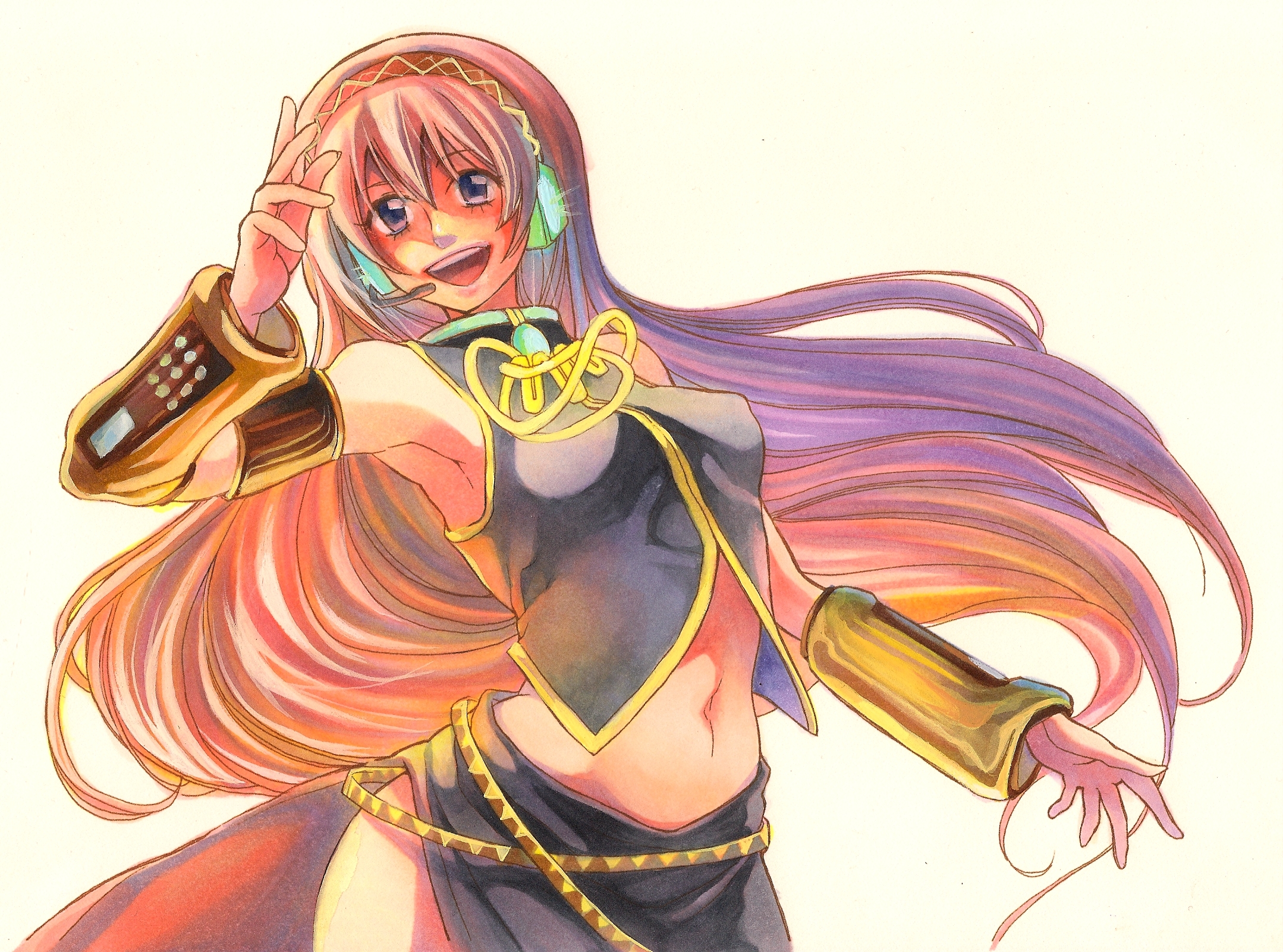 ka-t, ka-t (artist), megurine luka, vocaloid, bad id, bad pixiv id, highres, traditional media, armpits, belt, blue eyes, headphones, headset, long hair, midriff, navel, pink hair, side slit, smile, solo, very long hair