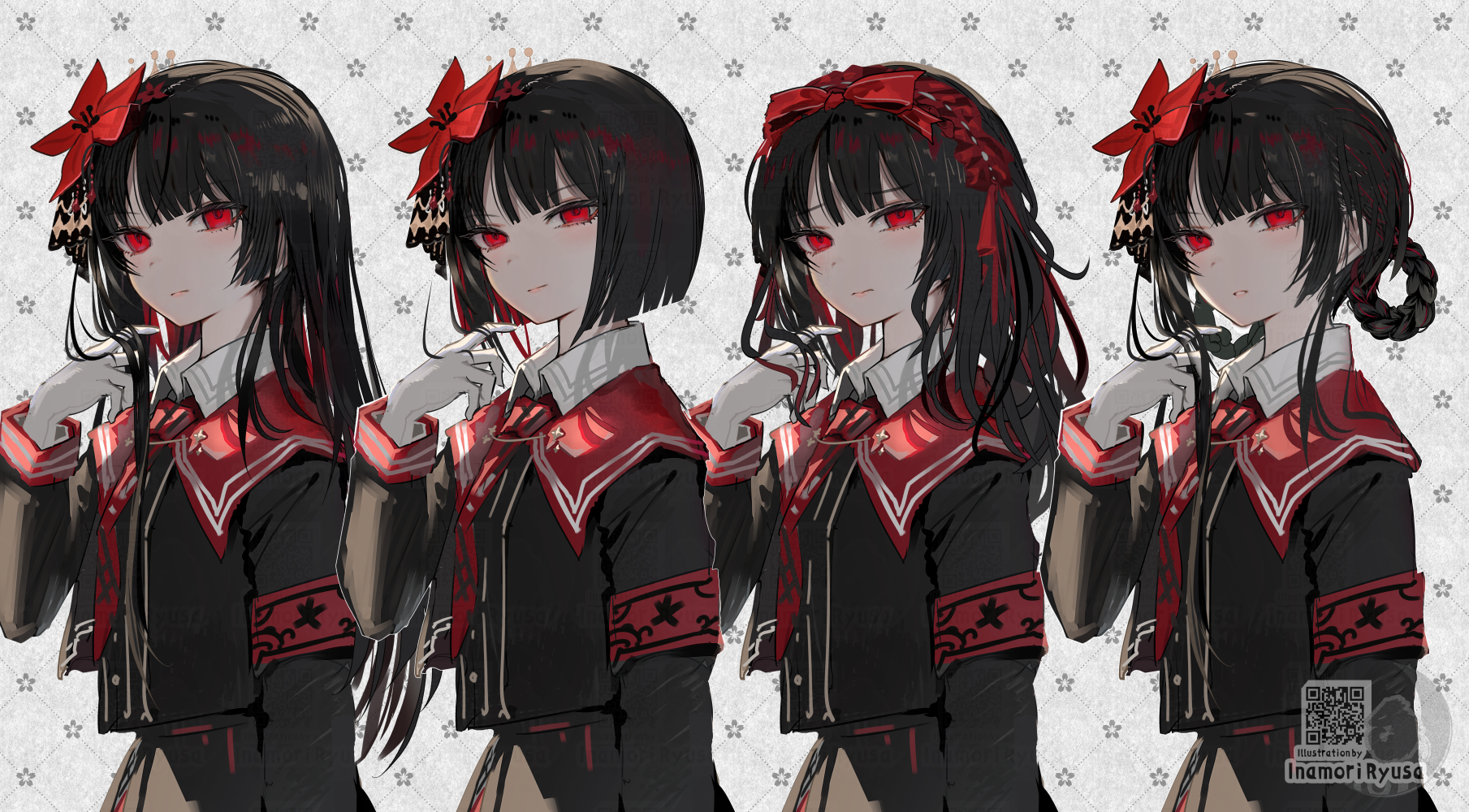 inaeda kei, nikaido hiro, mahou shoujo no majo saiban, commentary request, highres, 1girl, alternate hairstyle, armband, black hair, black shirt, blunt bangs, bob cut, braid, braided hair rings, closed mouth, collared shirt, cowboy shot, flower, gloves, grey background, hair flower, hair ornament, hair rings, hand up, long hair, long sleeves, looking at viewer, multiple views, necktie, parted lips, red armband, red eyes, red flower, red necktie, red sailor collar, sailor collar, shirt, short hair, variations, wavy hair, white gloves