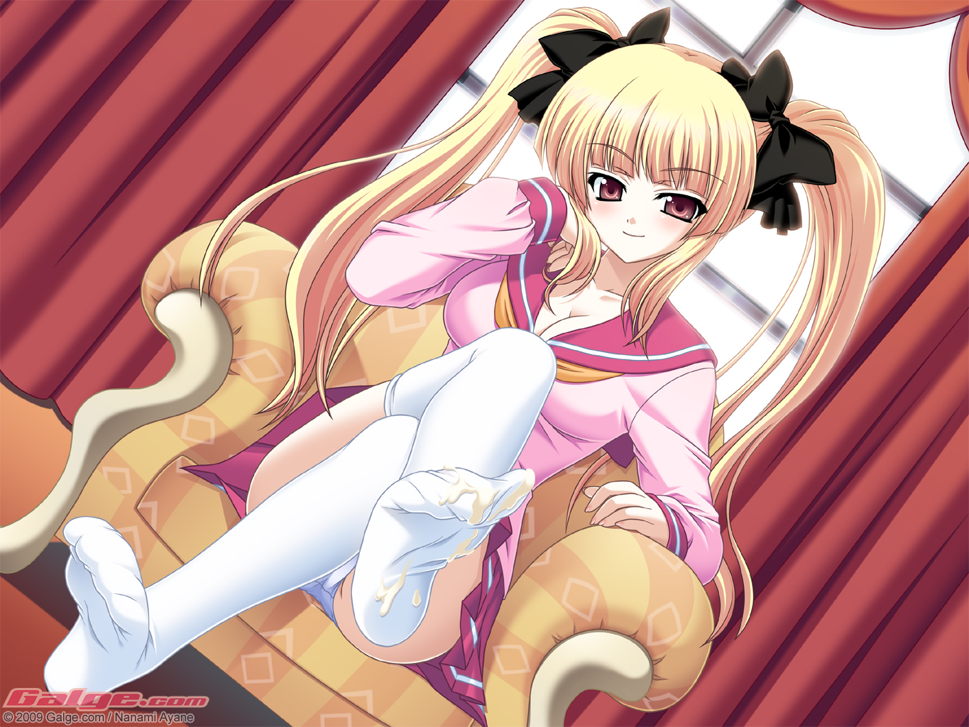 nanami ayane, galge.com, 1girl, 2009, blonde hair, blush, breasts, chair, cleavage, crossed legs, cum, cum on body, curtains, feet, female focus, hair ribbon, large breasts, long hair, looking at viewer, panties, pantyshot, red eyes, ribbon, school uniform, serafuku, sexually suggestive, sitting, smile, solo, suggestive fluid, thighhighs, twintails, underwear, watermark, white panties, window