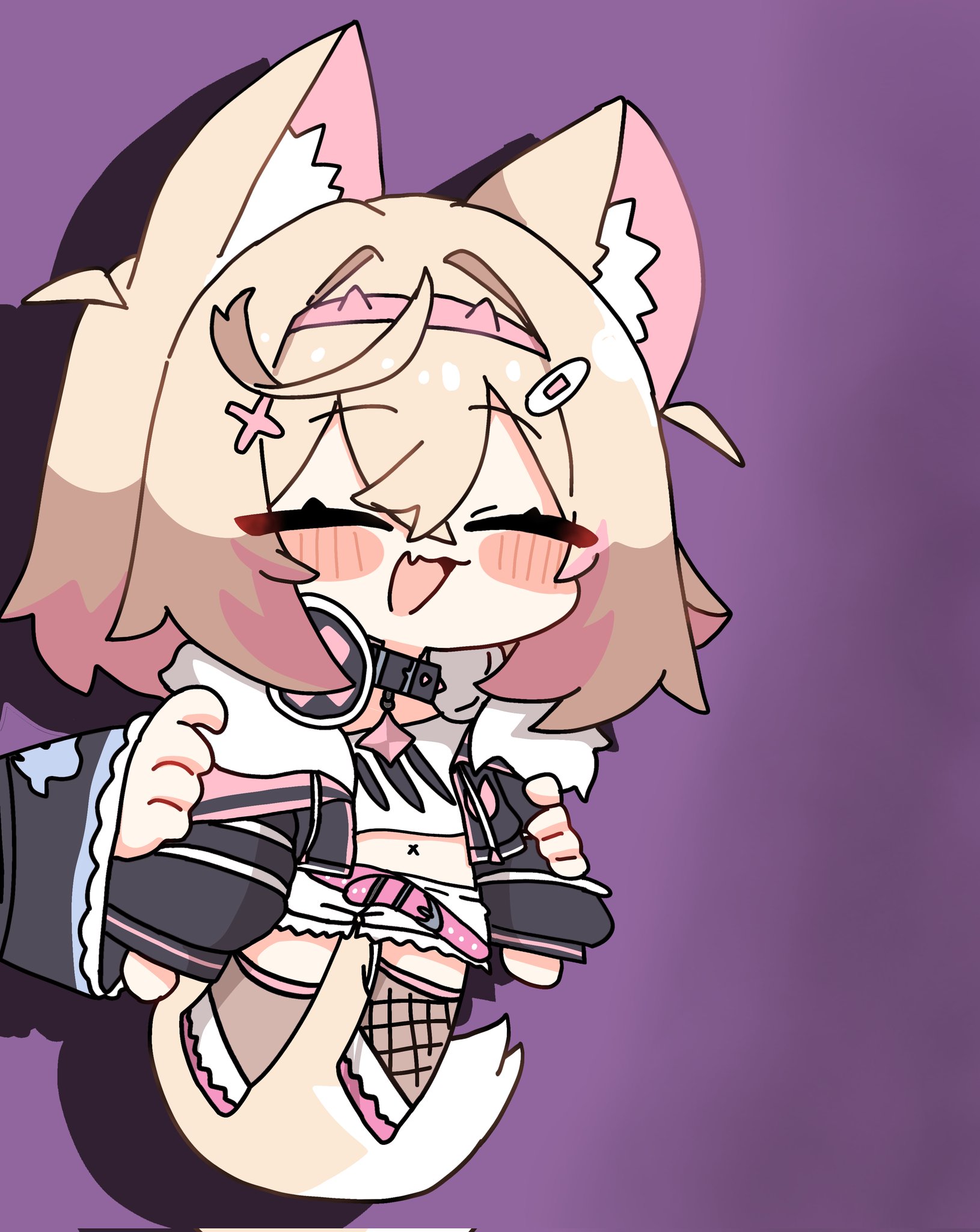 tsurukieeeeeak, fuwawa abyssgard, fuwawa abyssgard (1st costume), mococo abyssgard, mococo abyssgard (1st costume), hololive, hololive english, derivative work, highres, screenshot redraw, :d, animal ear fluff, animal ears, bandaid, bandaid hair ornament, belt, black collar, chibi, closed mouth, collar, dog ears, dog girl, dog tail, fake horns, frilled shorts, frills, hair between eyes, hair ornament, hairband, headphones, headphones around neck, horn hairband, horns, long sleeves, navel, open mouth, out of frame, pink belt, pink hairband, shorts, simple background, smile, tail, x hair ornament, x navel