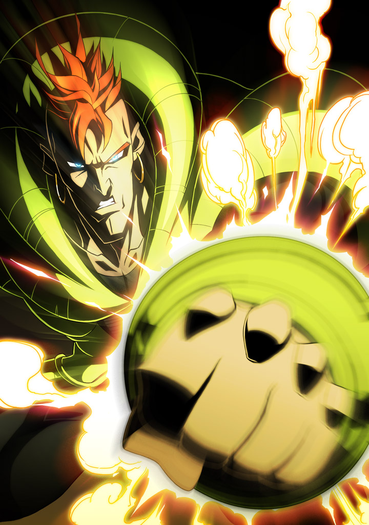 godtail, android 16, dragon ball, dragonball z, 1boy, blue eyes, earrings, jewelry, male focus, orange hair, punching, robot, rocket punch, solo