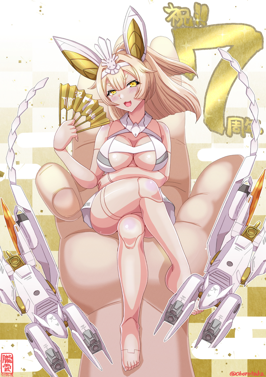 oborogumo takamitsu, megami device, highres, 1girl, blonde hair, blush, breasts, cleavage, crossed legs, doll joints, hand fan, holding, holding mini person, joints, large breasts, looking at viewer, mini person, minigirl, pov, short eyebrows, smile, solo focus, tamamo no mae (megami device), yellow eyes