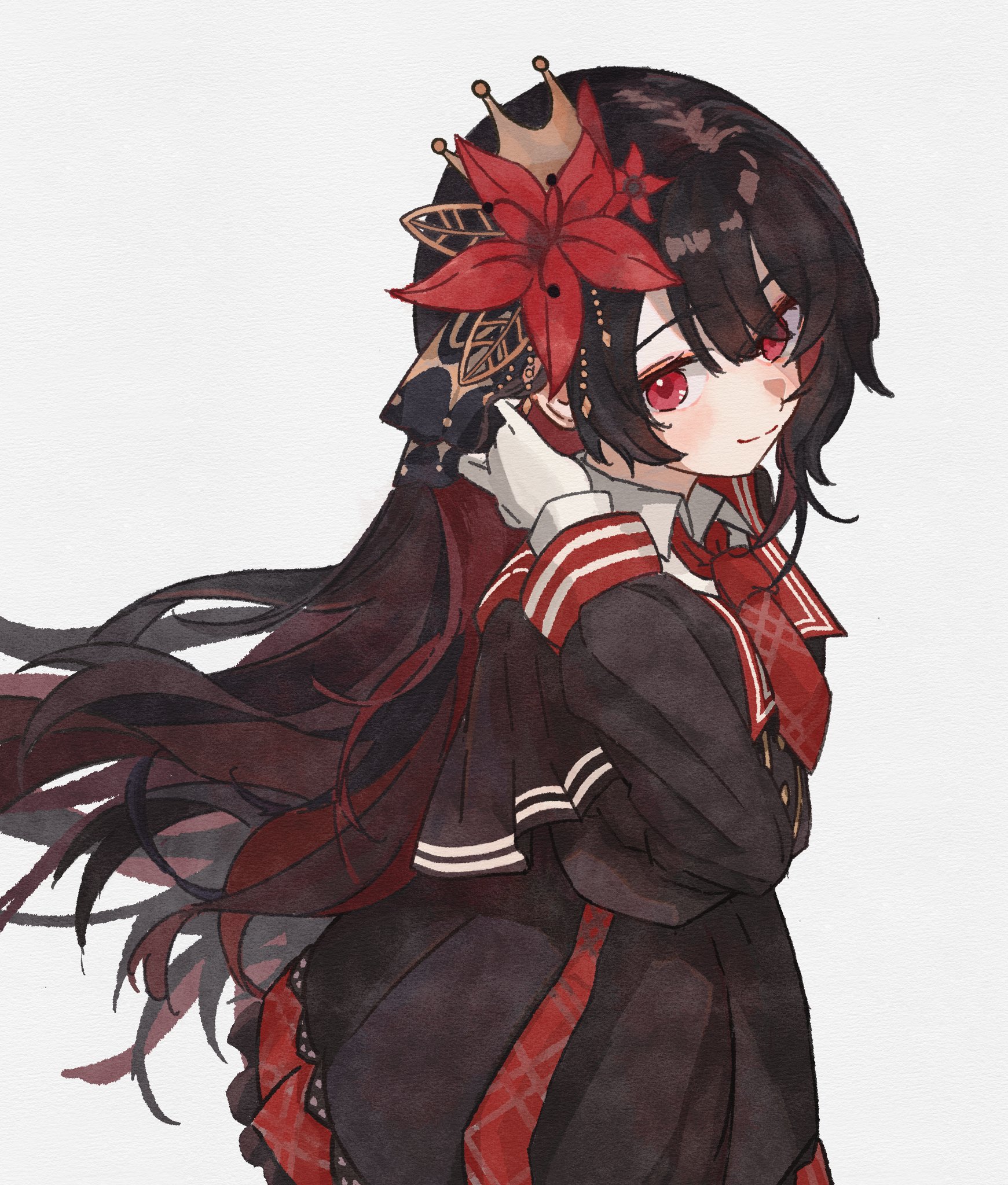 nikaido hiro, mahou shoujo no majo saiban, chinese commentary, commentary request, highres, 1girl, black hair, black shirt, black skirt, closed mouth, cowboy shot, crown, flower, from side, grey background, hair flower, hair ornament, hand up, long hair, long sleeves, looking at viewer, necktie, pleated skirt, red eyes, red flower, red necktie, shirt, simple background, skirt, smile, solo, standing, superbigneet