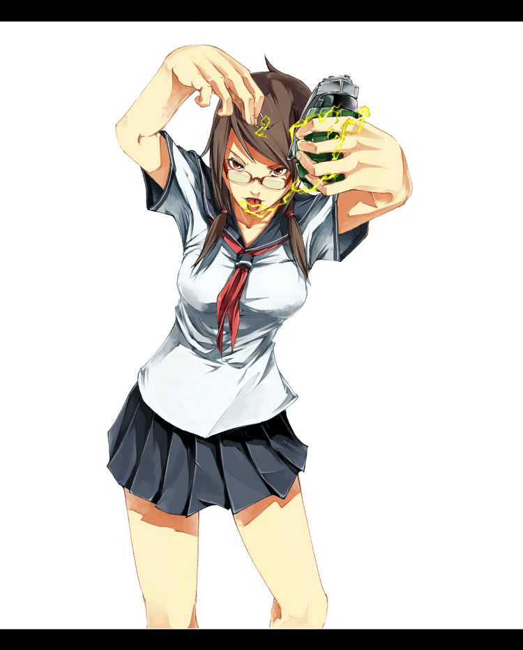 sousou (sousouworks), isone kotoha, yozakura quartet, 1girl, :p, arms up, black hair, breasts, brown eyes, brown hair, explosive, female focus, glasses, grenade, letterboxed, pleated skirt, school uniform, serafuku, skirt, solo, tongue, tongue out, twintails, white background
