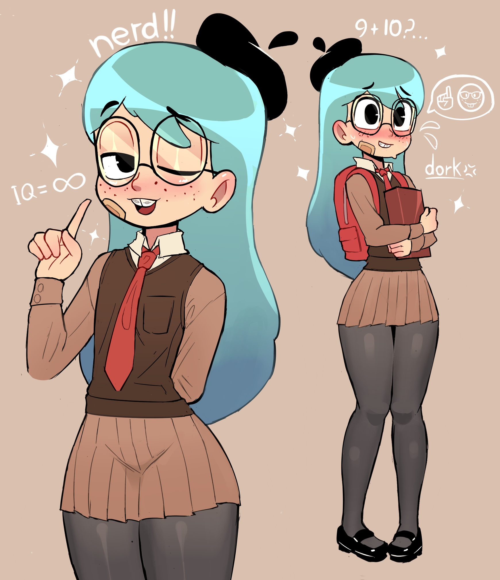 rukisan(pixiv), hilda (hilda), hilda (series), highres, 1girl, anger vein, arm behind back, backpack, bag, bandaid, bandaid on cheek, bandaid on face, beret, black eyes, black hat, black pantyhose, black shoes, blue hair, blush, book, braces, brown background, brown shirt, brown skirt, brown vest, buck teeth, flying sweatdrops, freckles, glasses, hat, holding, holding book, index finger raised, infinity symbol, long hair, long sleeves, looking at viewer, mary janes, multiple views, necktie, nerd emoji, nervous, nervous sweating, one eye closed, open mouth, pantyhose, red necktie, school uniform, shirt, shoes, skirt, smile, sparkle, speech bubble, spoken anger vein, spoken emoji, standing, sweat, teeth, vest